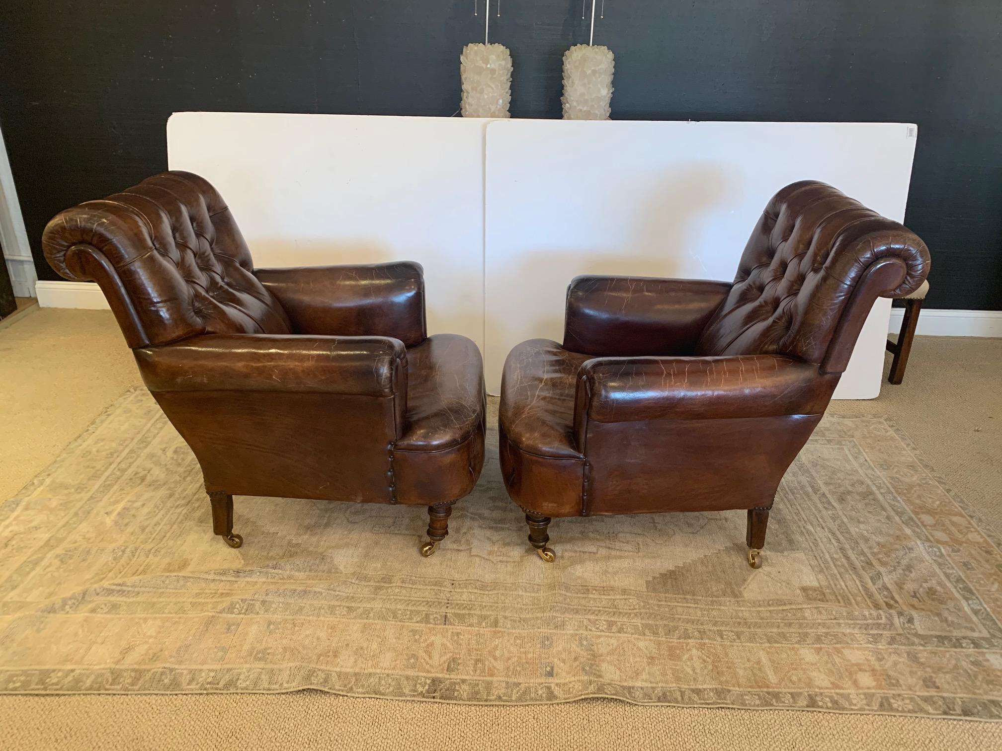Rare Pair of 19th Century Tobacco Leather Tufted Club Chairs 8