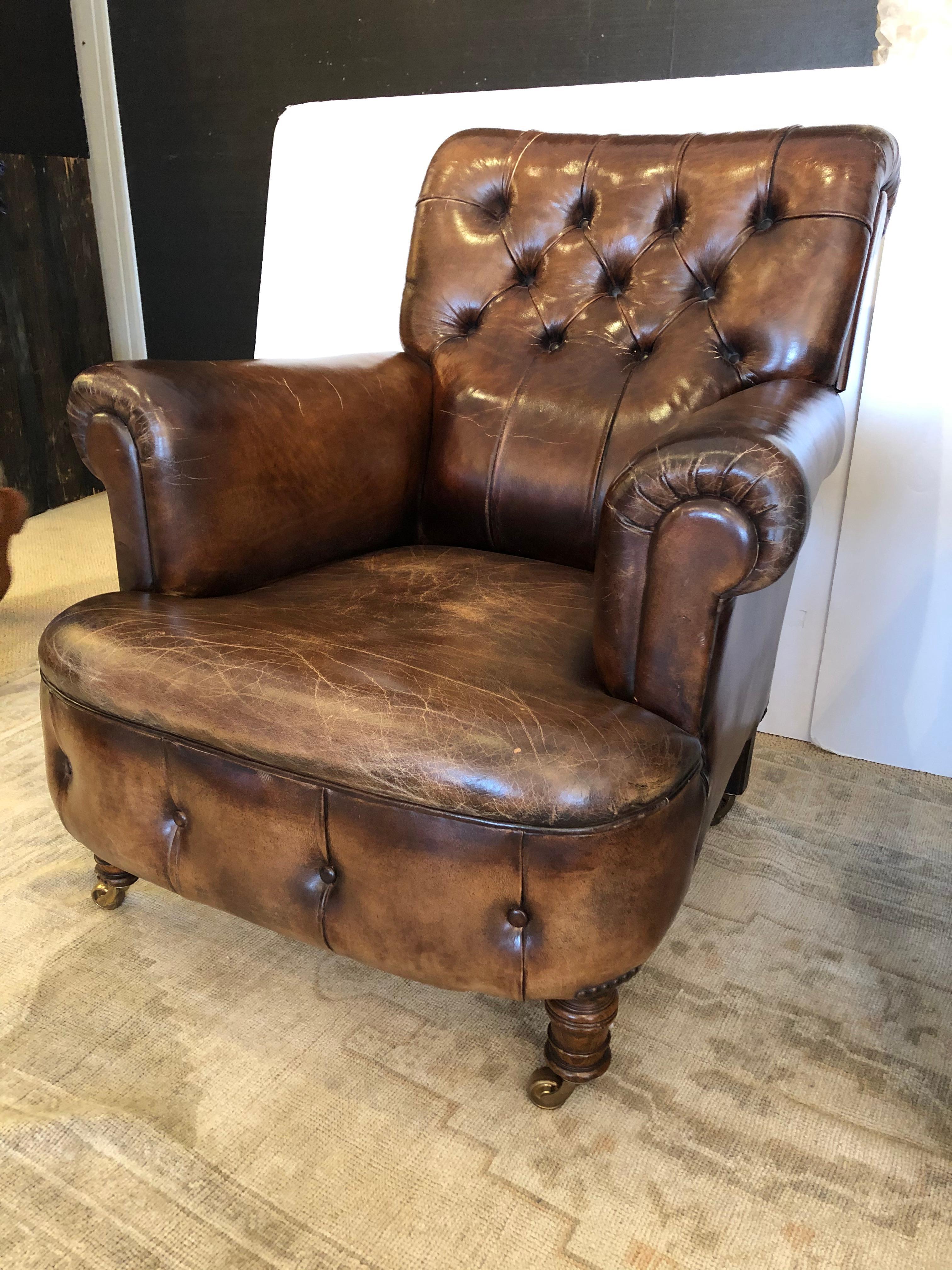 Chesterfield Rare Pair of 19th Century Tobacco Leather Tufted Club Chairs