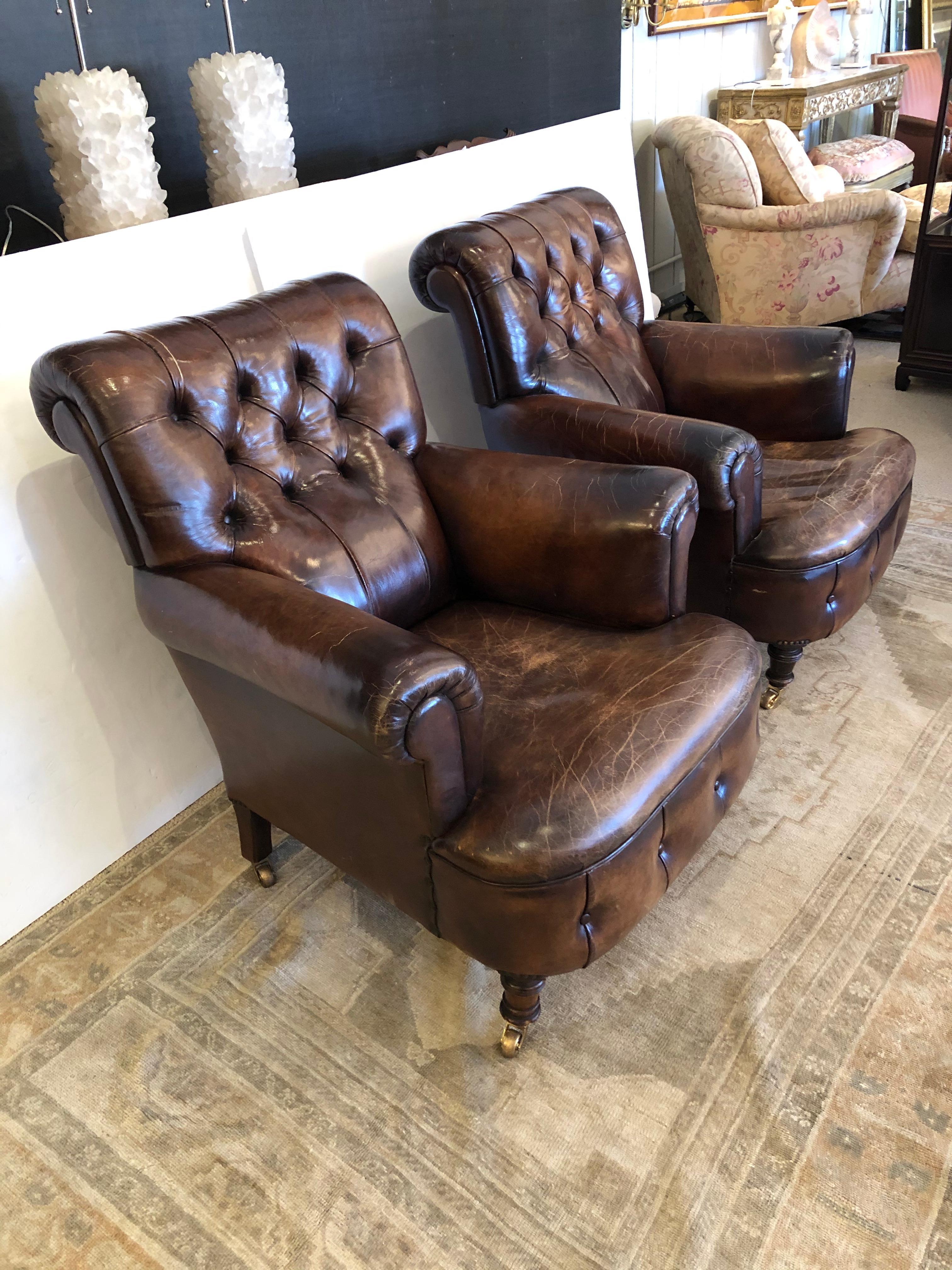 English Rare Pair of 19th Century Tobacco Leather Tufted Club Chairs