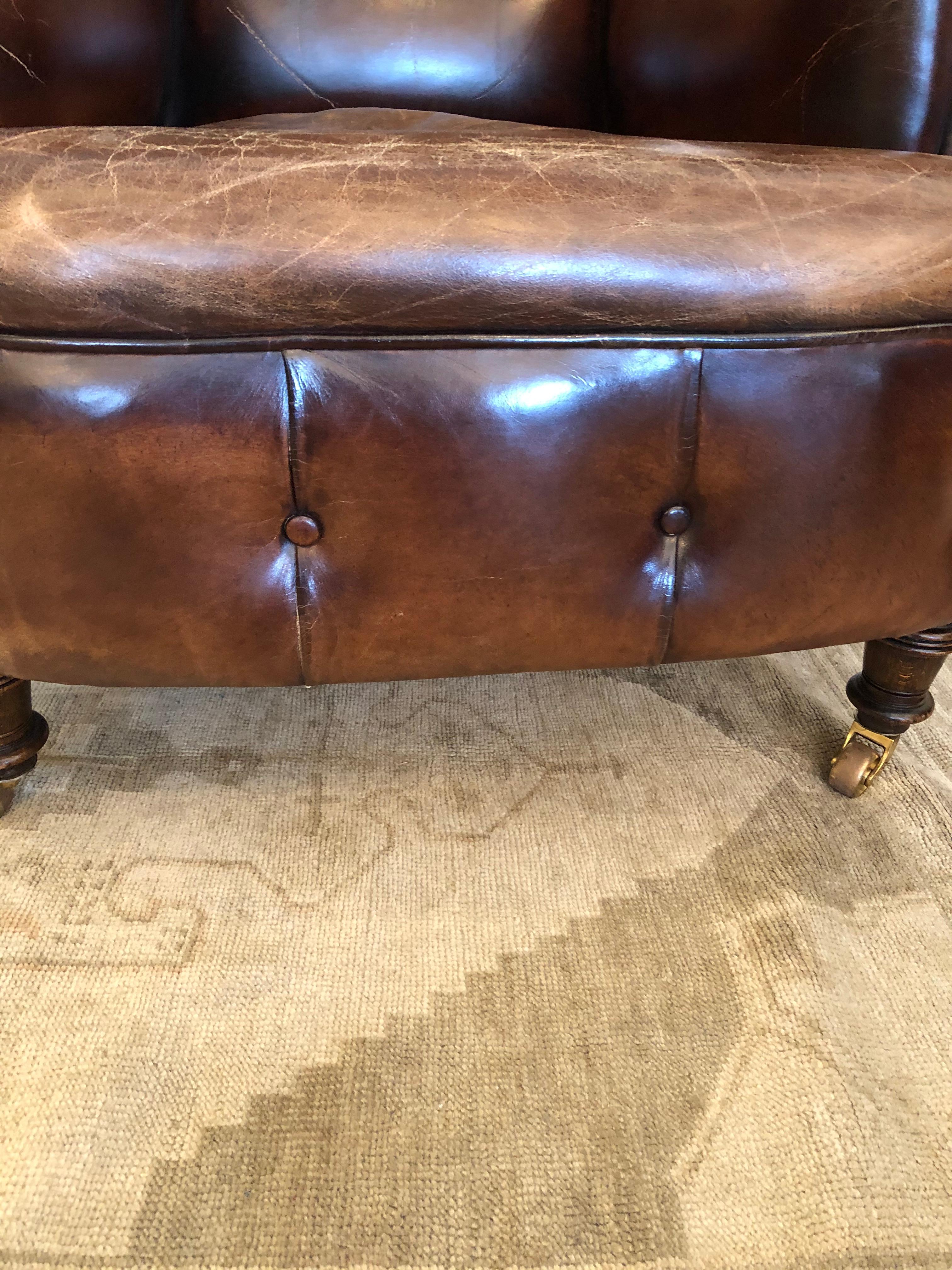 Rare Pair of 19th Century Tobacco Leather Tufted Club Chairs In Distressed Condition In Hopewell, NJ