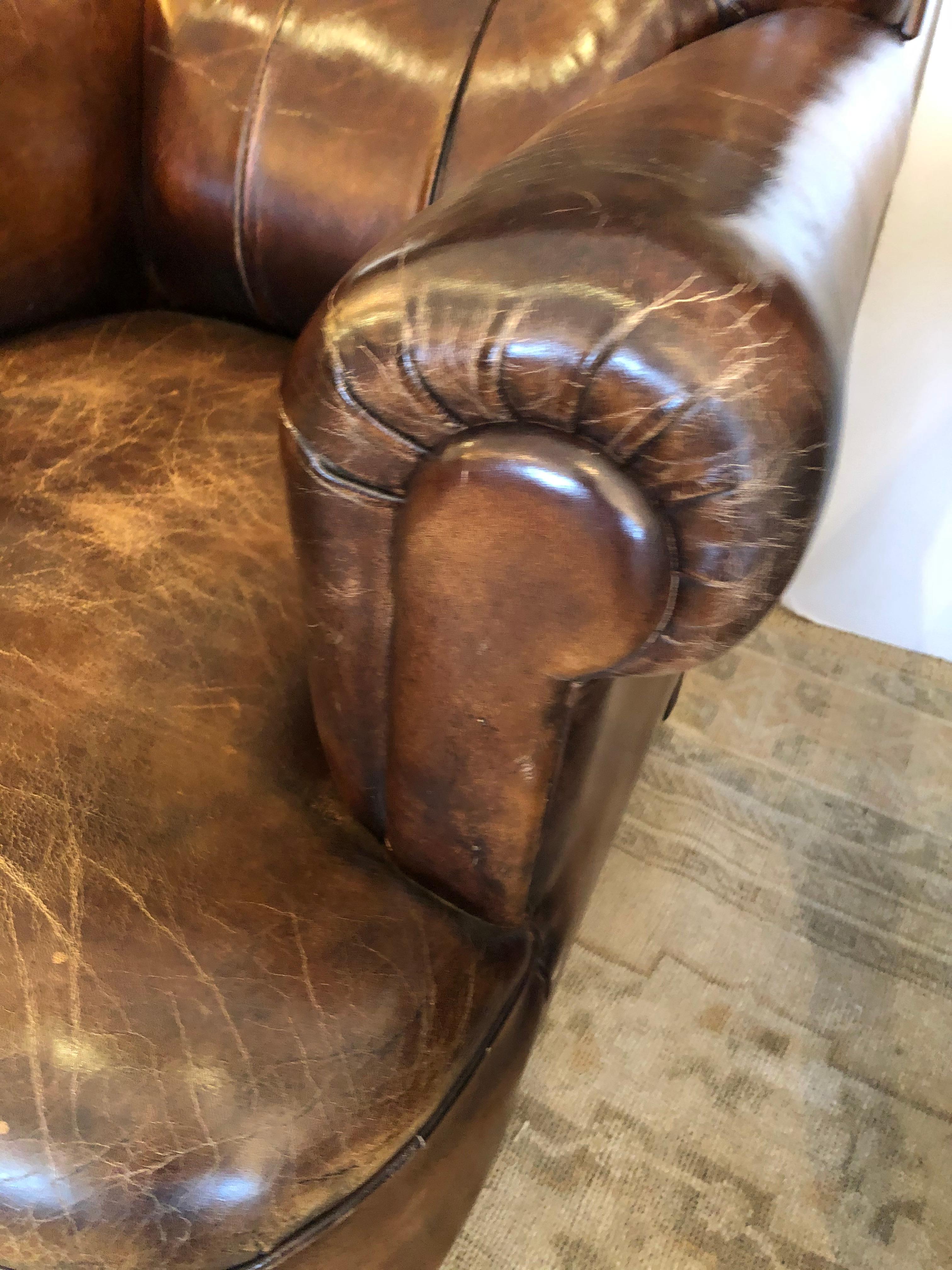 Rare Pair of 19th Century Tobacco Leather Tufted Club Chairs 4