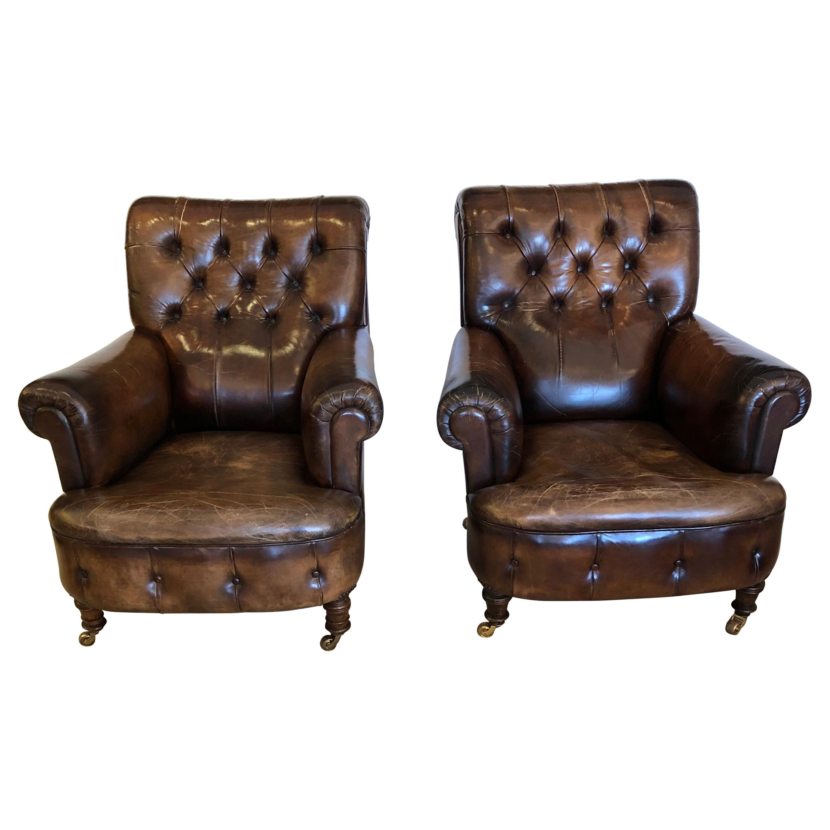 Rare Pair of 19th Century Tobacco Leather Tufted Club Chairs