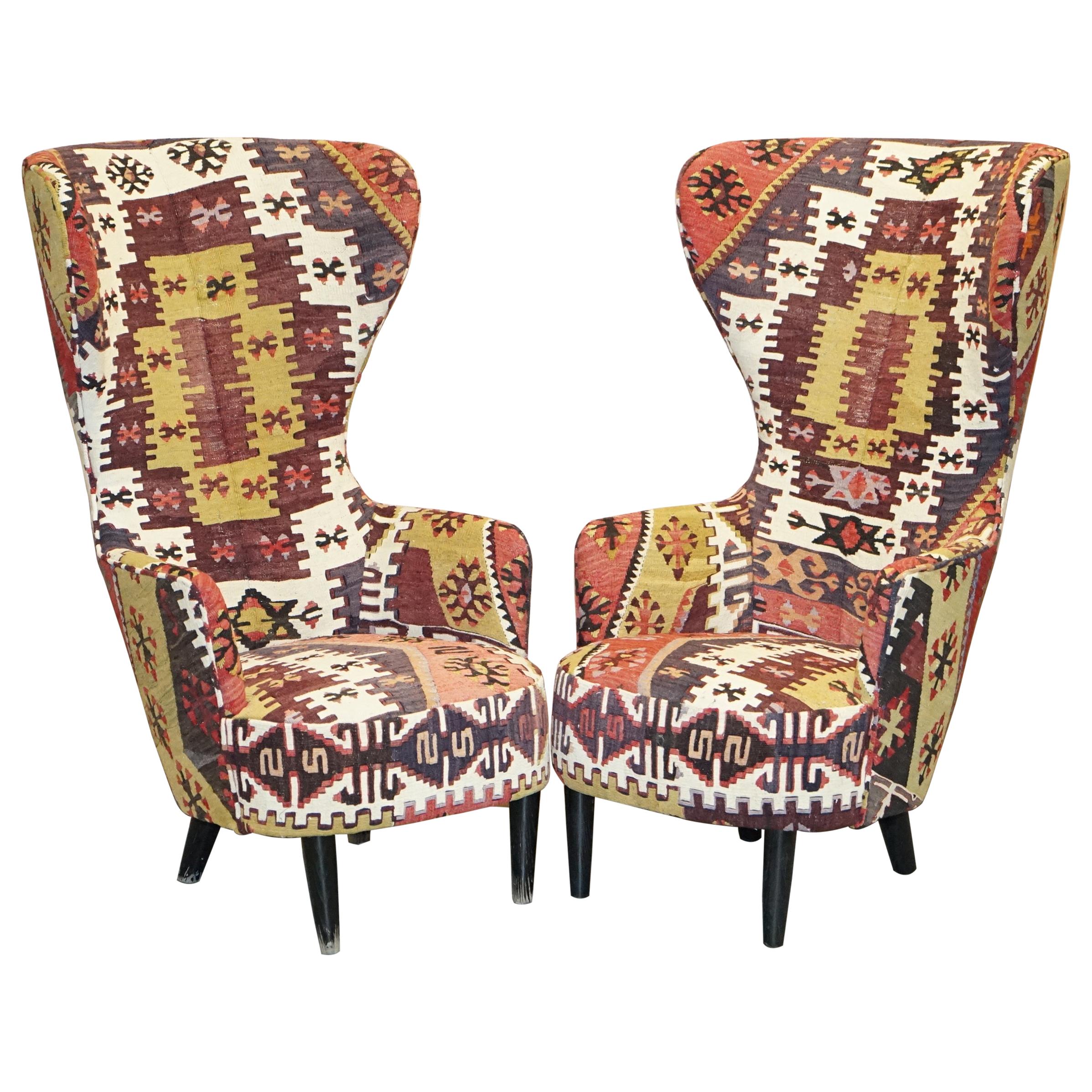 Rare Pair of 2007 George Smith Kilim Tom Dixon Wing Back Armchairs