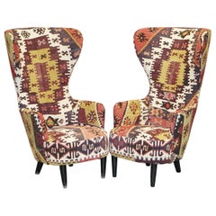 Rare Pair of 2007 George Smith Kilim Tom Dixon Wing Back Armchairs