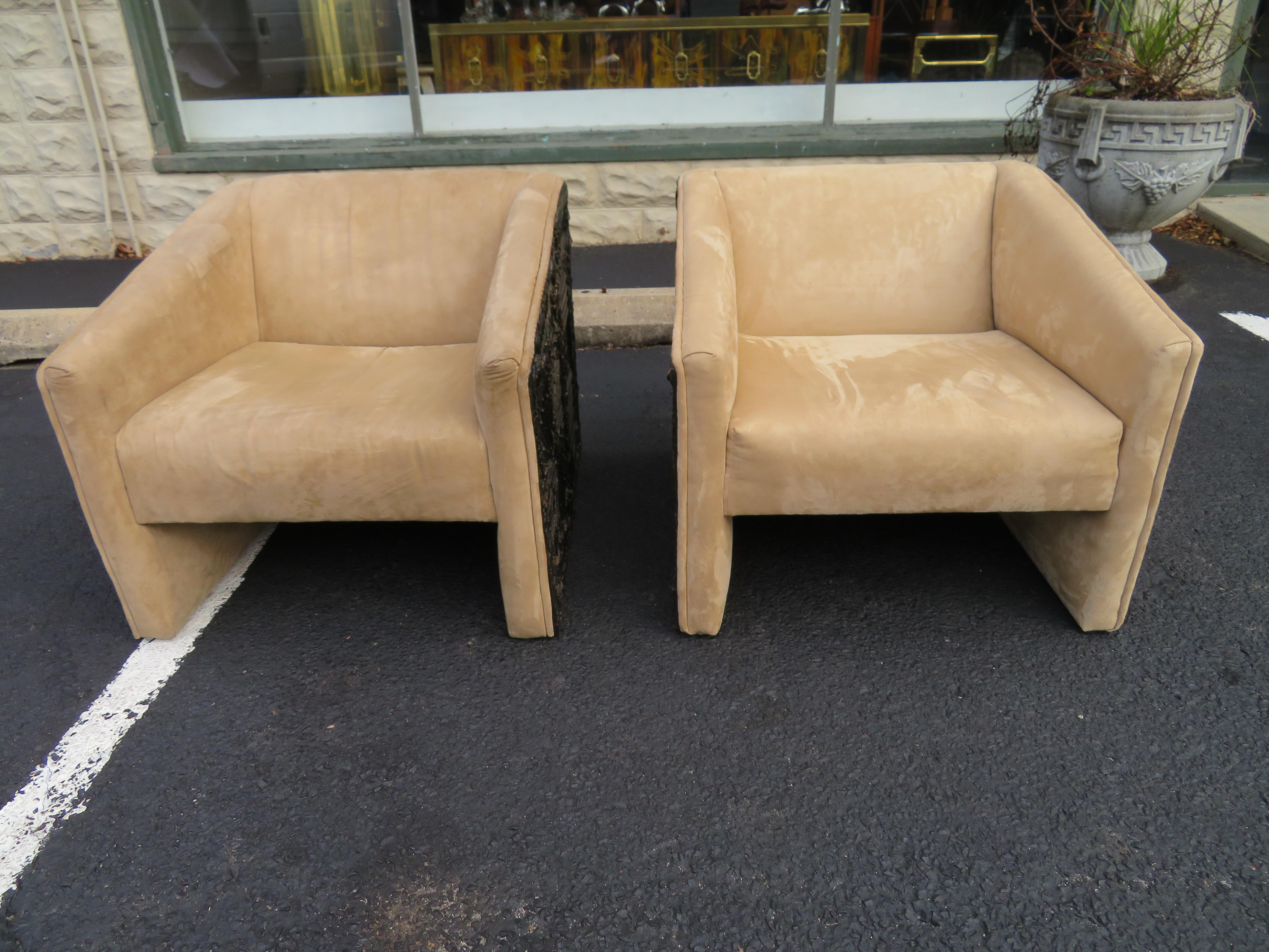 Fabulous and rare pair of Adrian Pearsall brutalist cube lounge chairs. This particular form is very rare and in our opinion undervalued right now in the market place. This pair will need to be re-upholstered but that's what you designers are