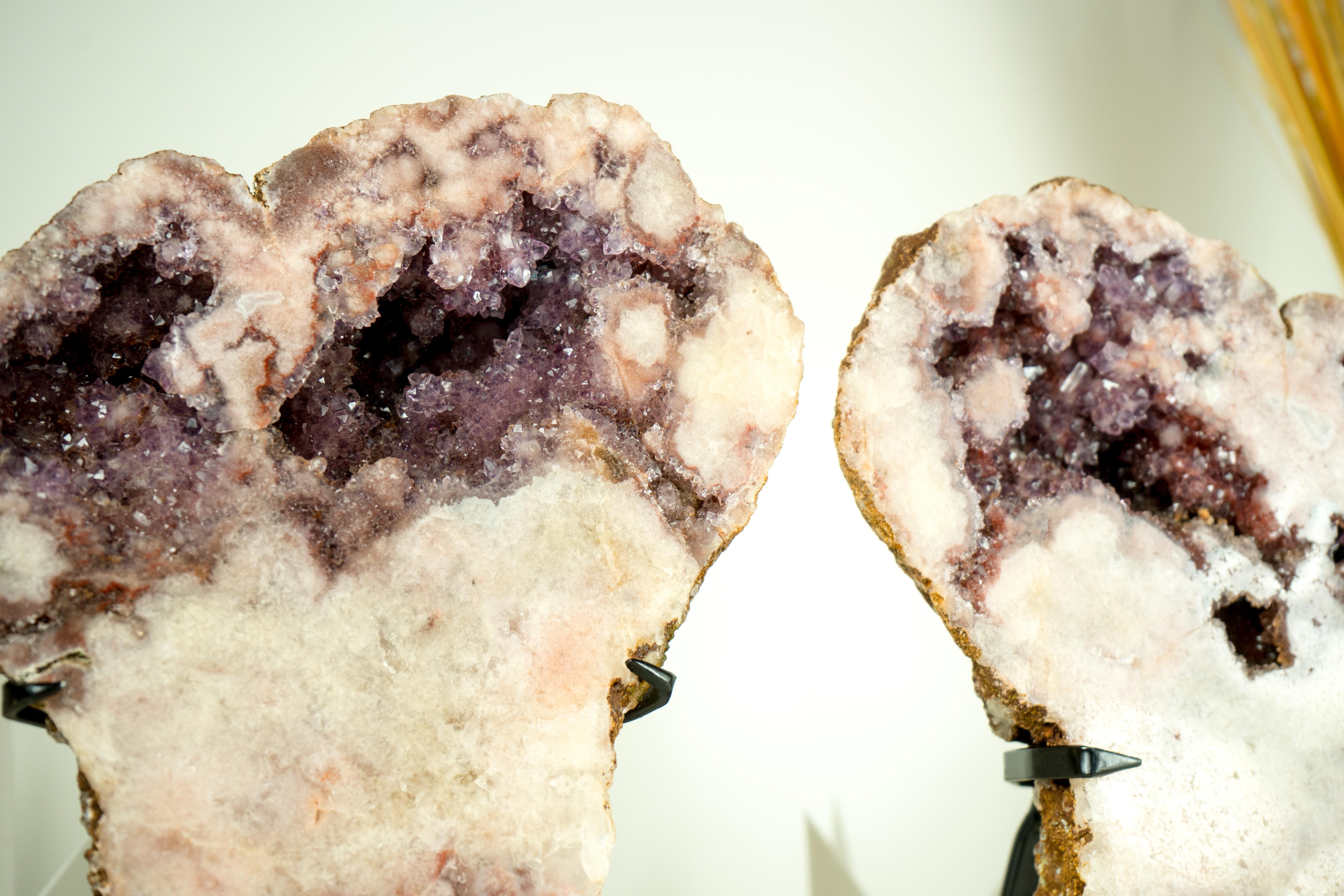 Rare Pair of All-Natural Pink Amethyst Geodes with Red and Lavender Amethyst For Sale 4