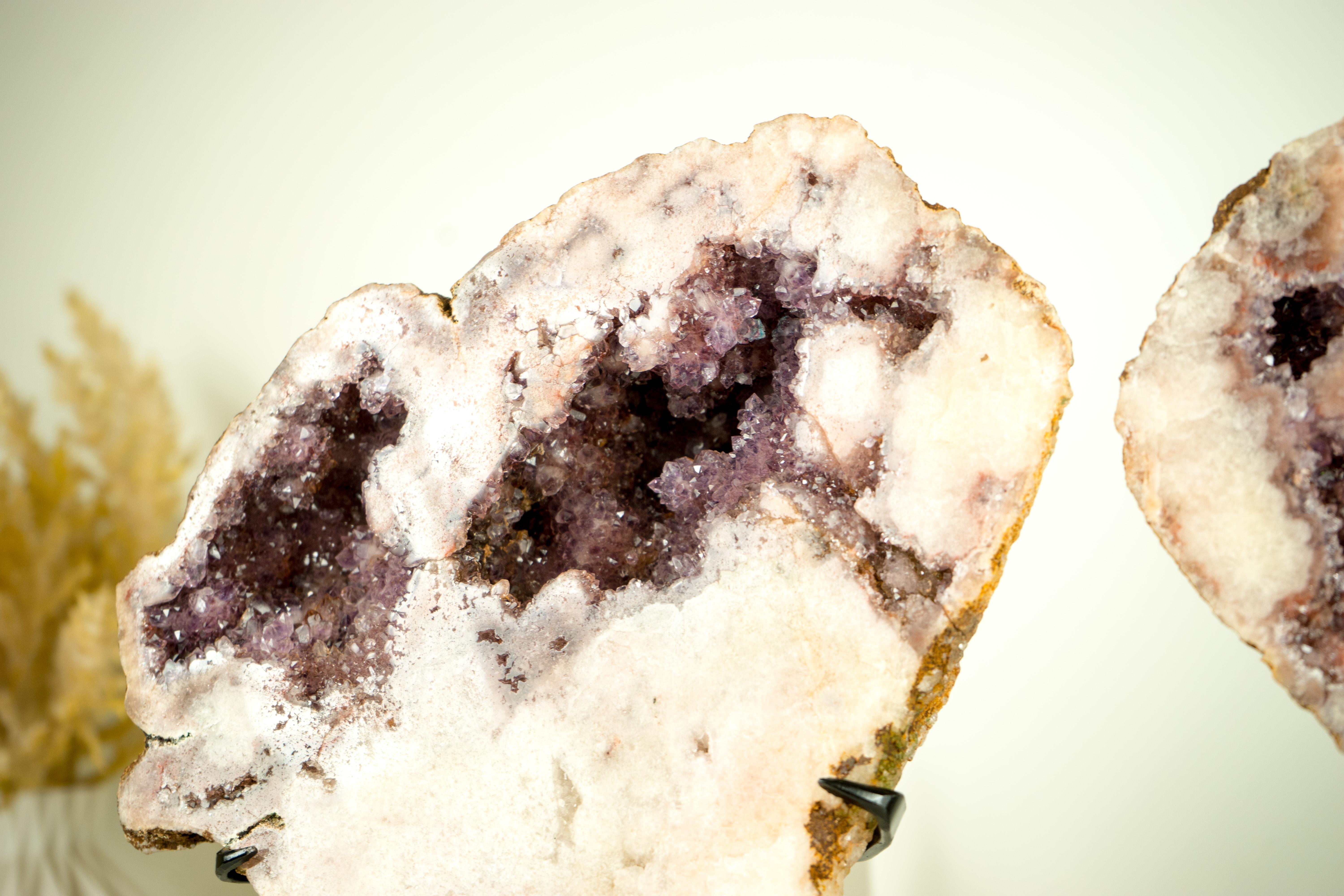Rare Pair of All-Natural Pink Amethyst Geodes with Red and Lavender Amethyst For Sale 5