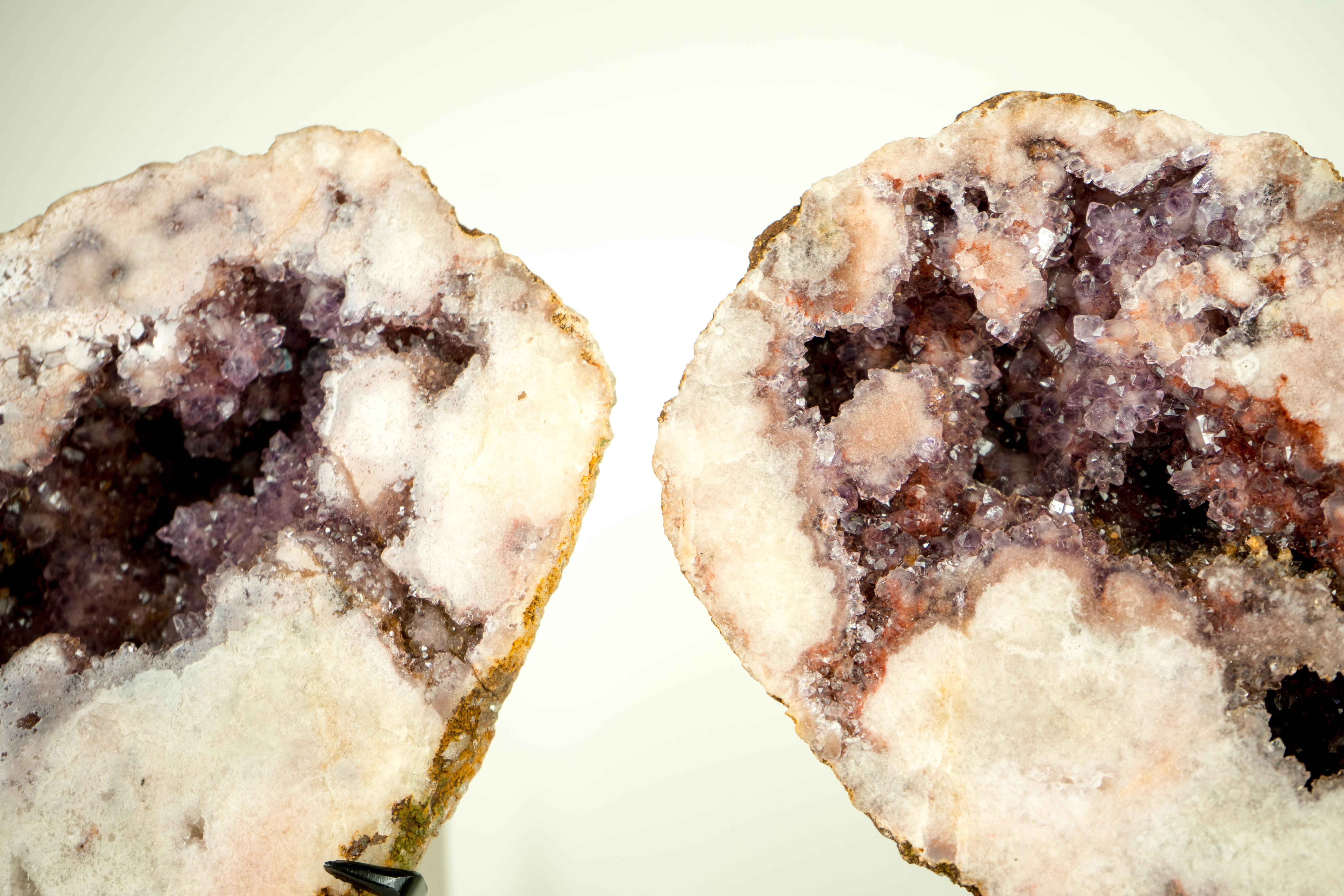 Rare Pair of All-Natural Pink Amethyst Geodes with Red and Lavender Amethyst For Sale 6