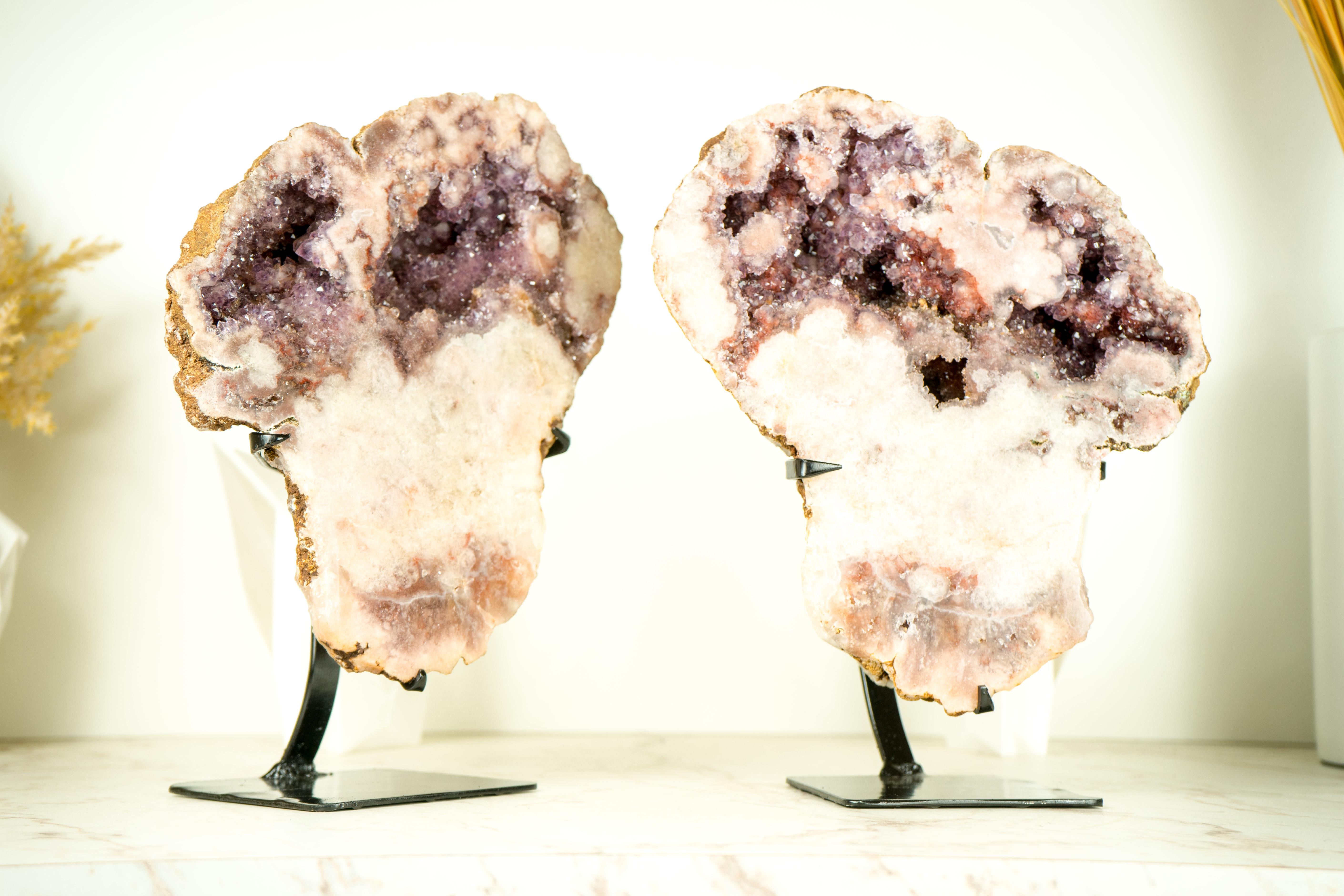High-Grade Pink Amethyst Geode Pair with Rare Red and Lavender Pink Amethyst Druzy

▫️ Description

This pair of naturally beautiful Pink Amethyst geodes presents a stunning mix of colors, each as if they were masterfully painted. One geode features