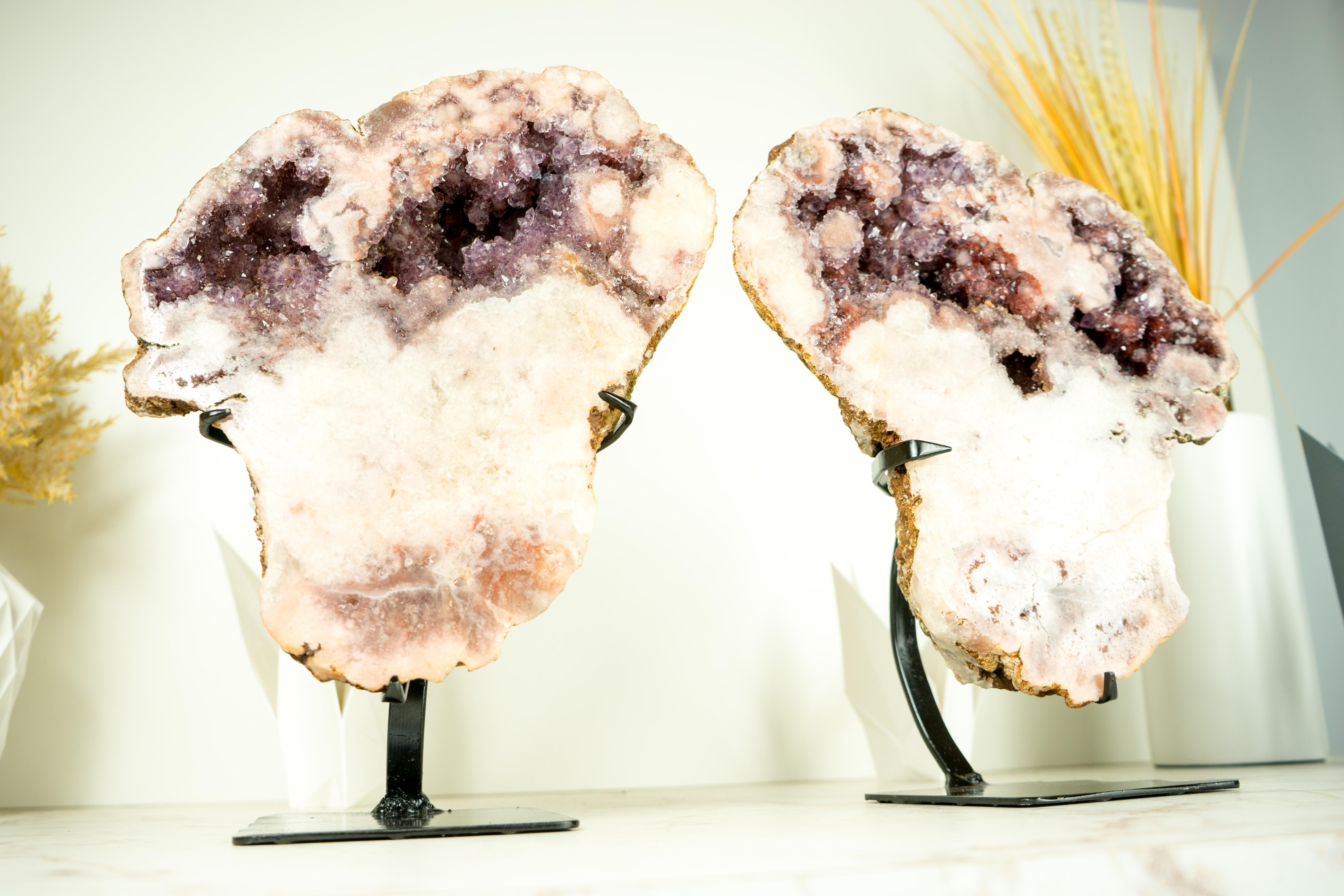Brazilian Rare Pair of All-Natural Pink Amethyst Geodes with Red and Lavender Amethyst For Sale
