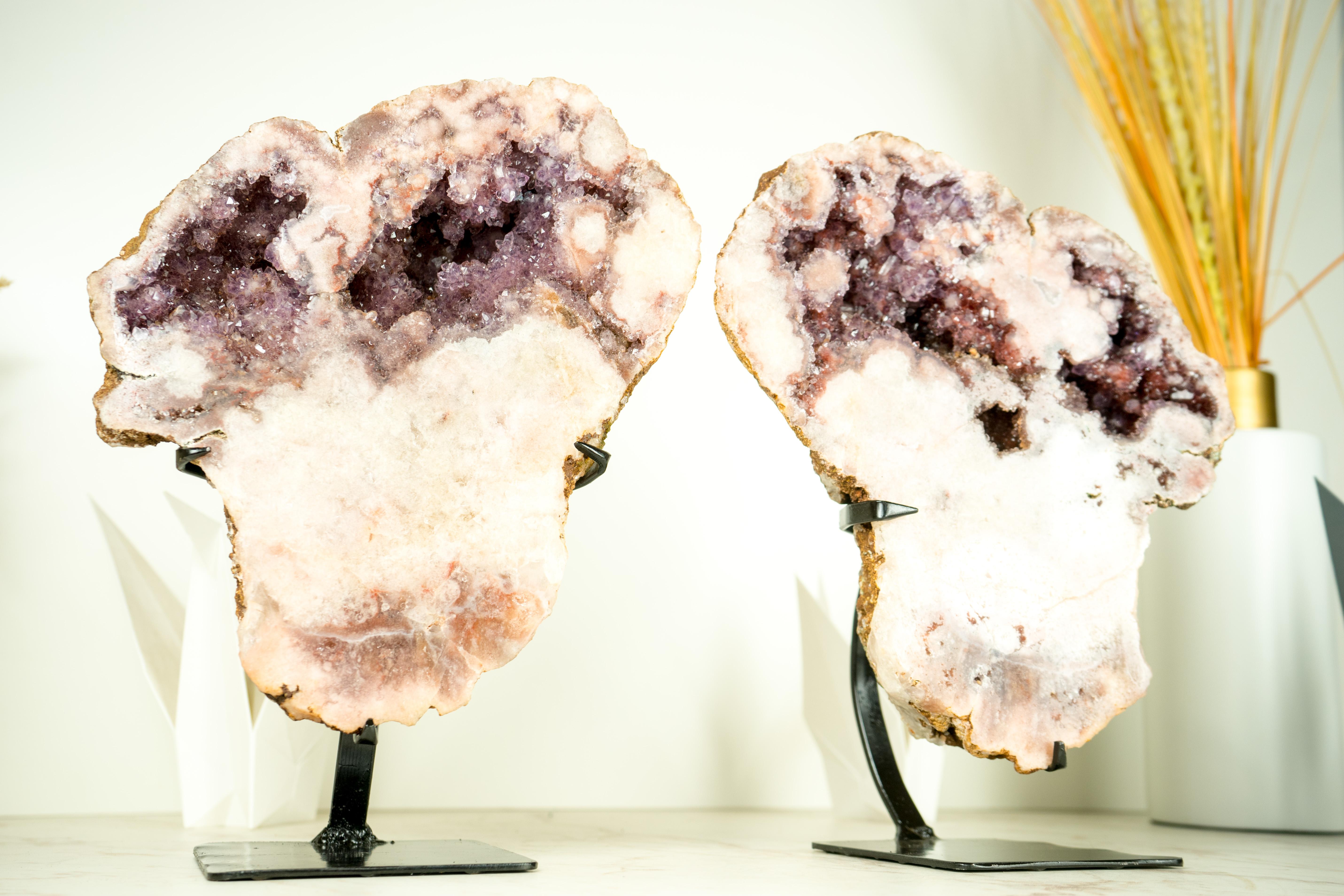 Contemporary Rare Pair of All-Natural Pink Amethyst Geodes with Red and Lavender Amethyst For Sale
