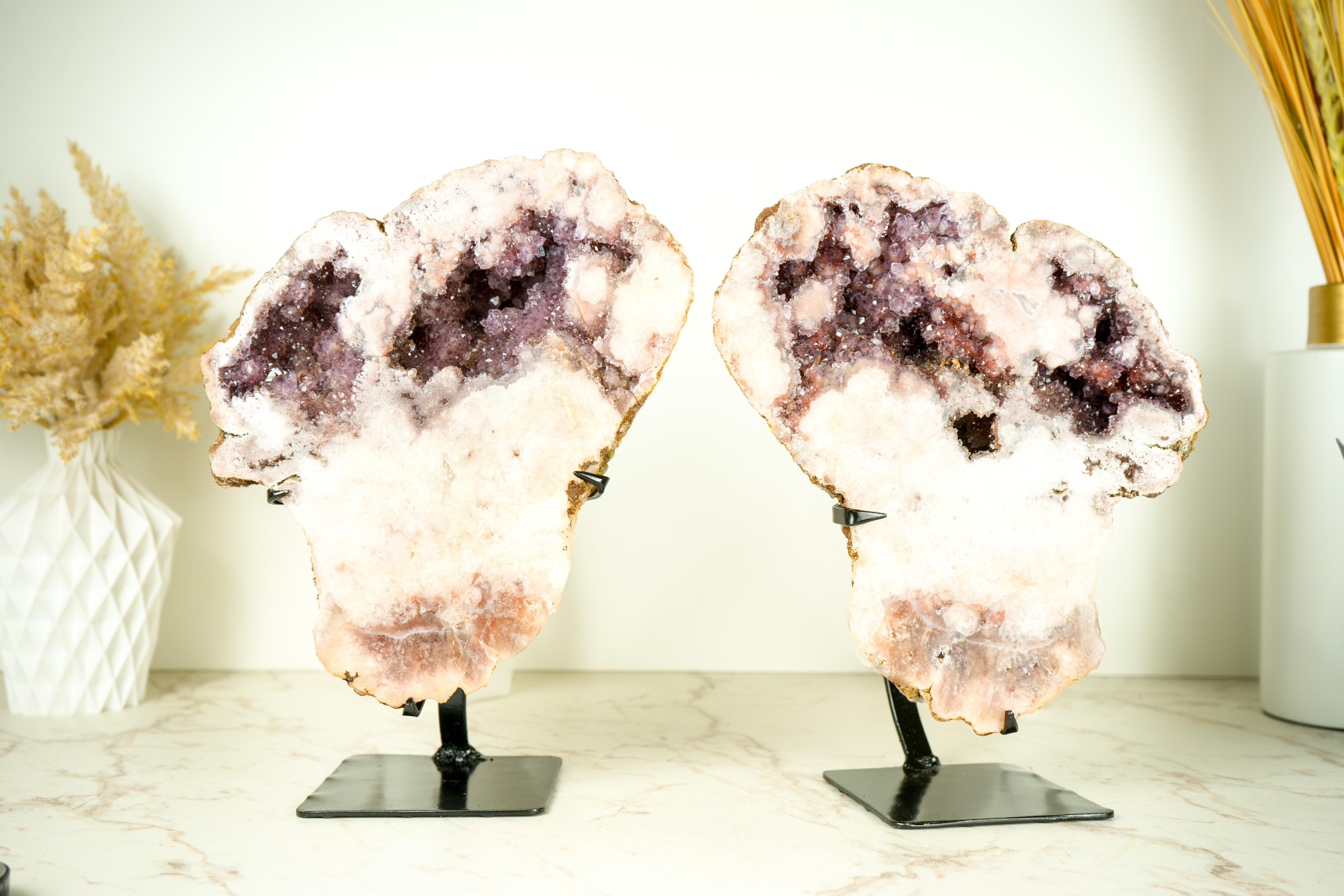 Agate Rare Pair of All-Natural Pink Amethyst Geodes with Red and Lavender Amethyst For Sale