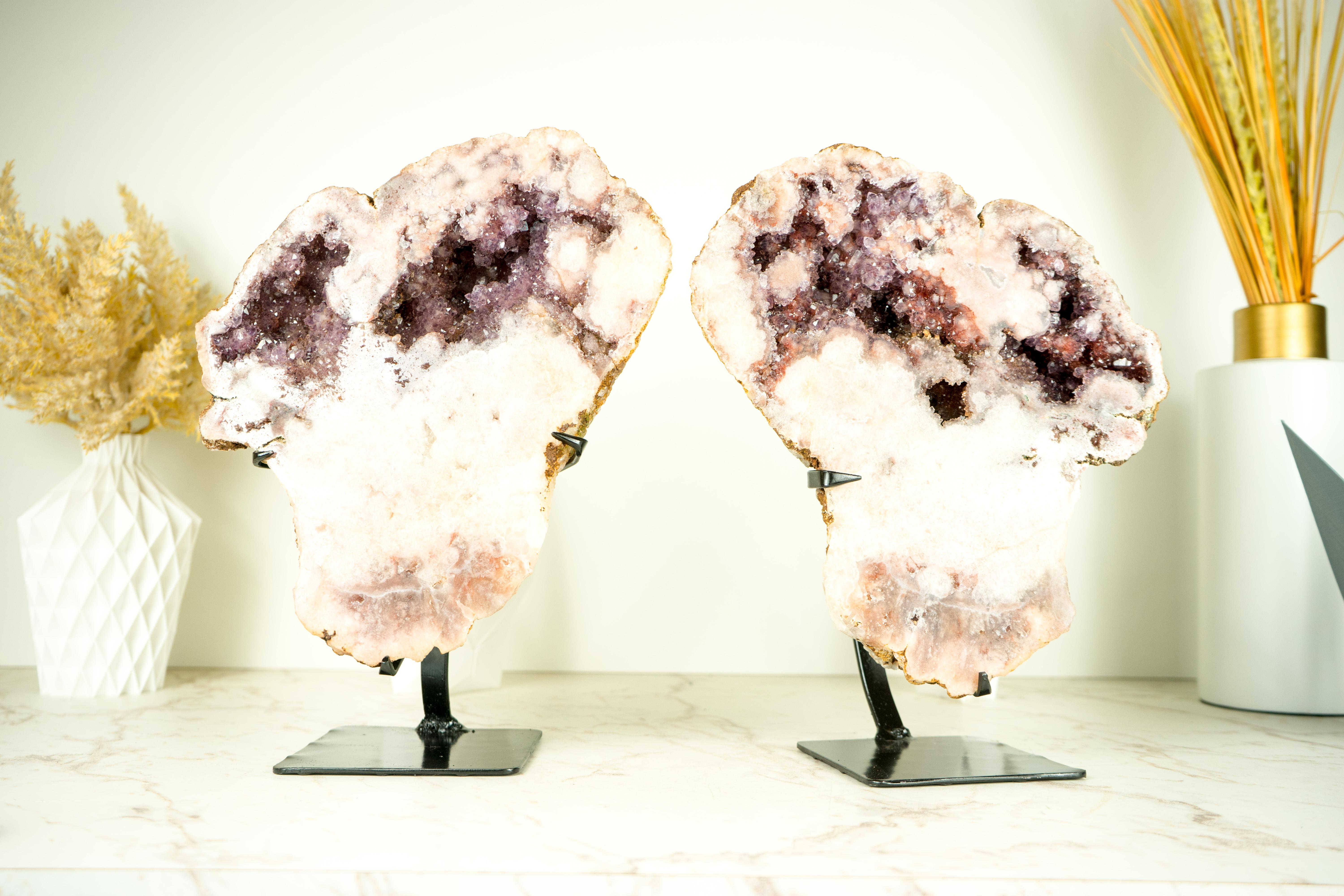 Rare Pair of All-Natural Pink Amethyst Geodes with Red and Lavender Amethyst For Sale 1