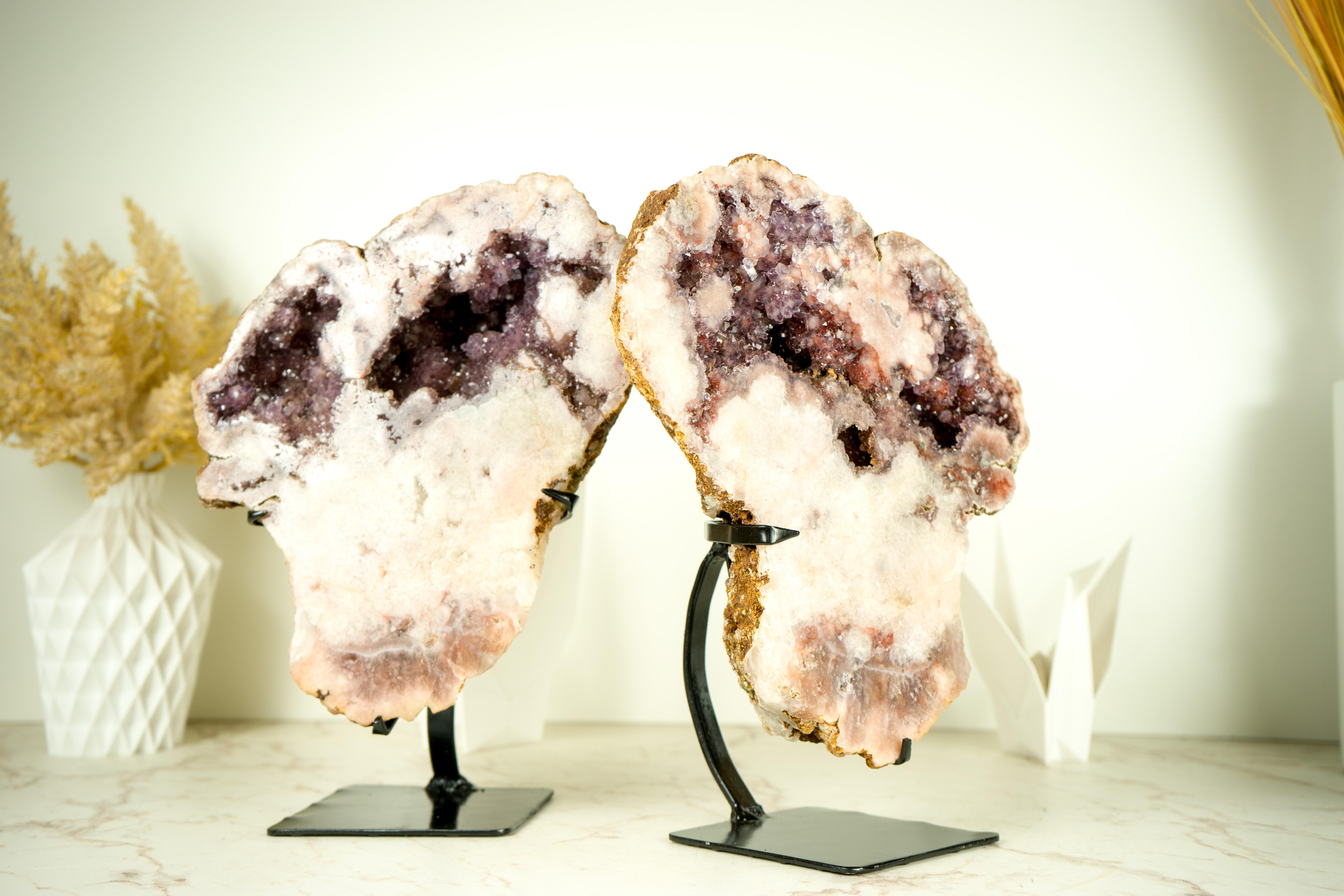 Rare Pair of All-Natural Pink Amethyst Geodes with Red and Lavender Amethyst For Sale 2