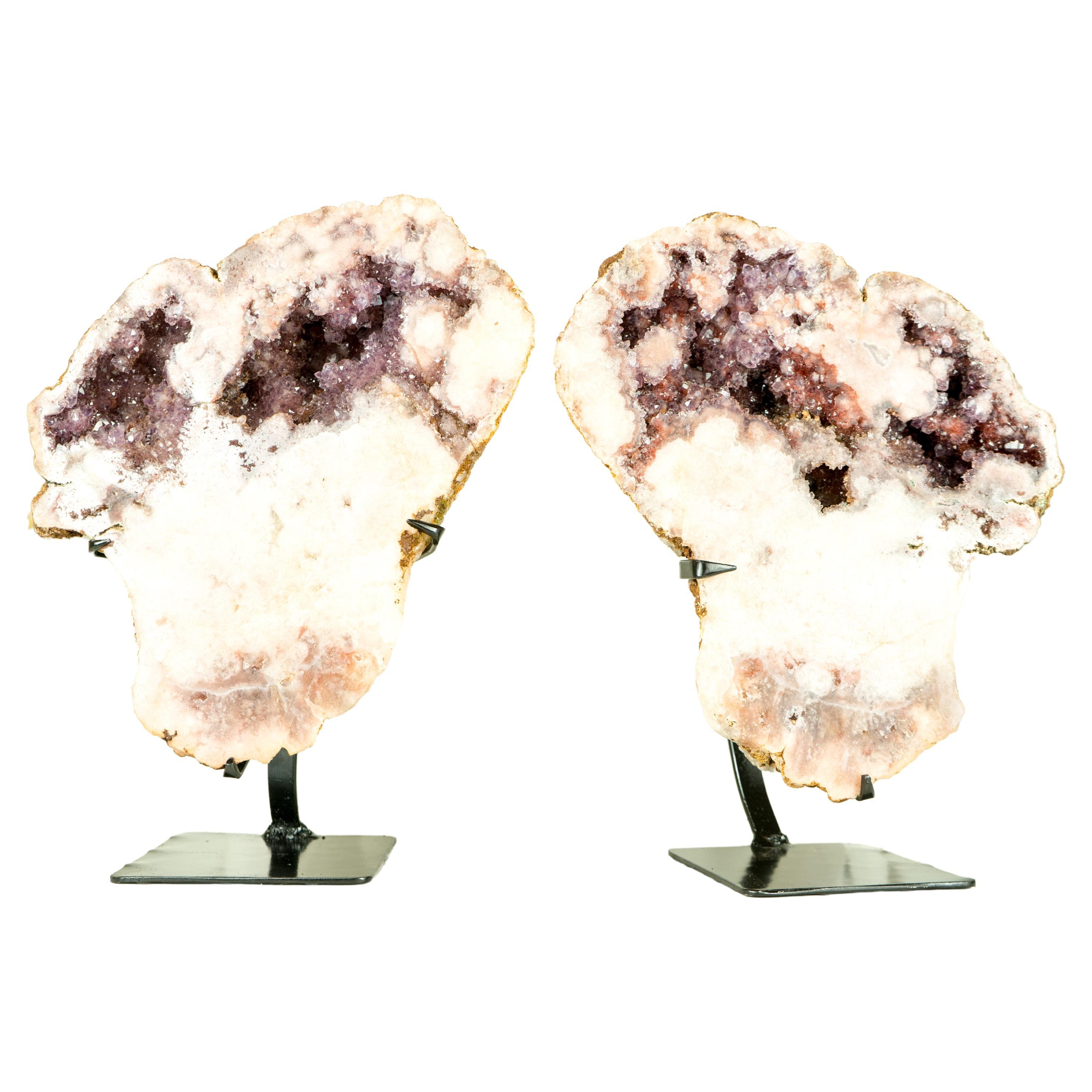 Rare Pair of All-Natural Pink Amethyst Geodes with Red and Lavender Amethyst For Sale