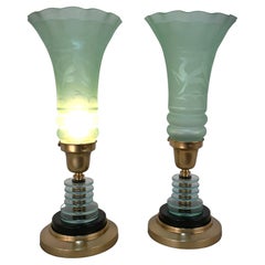 Rare Pair of American Art Deco Table Lamps with Etched Glass Diana the Hunter