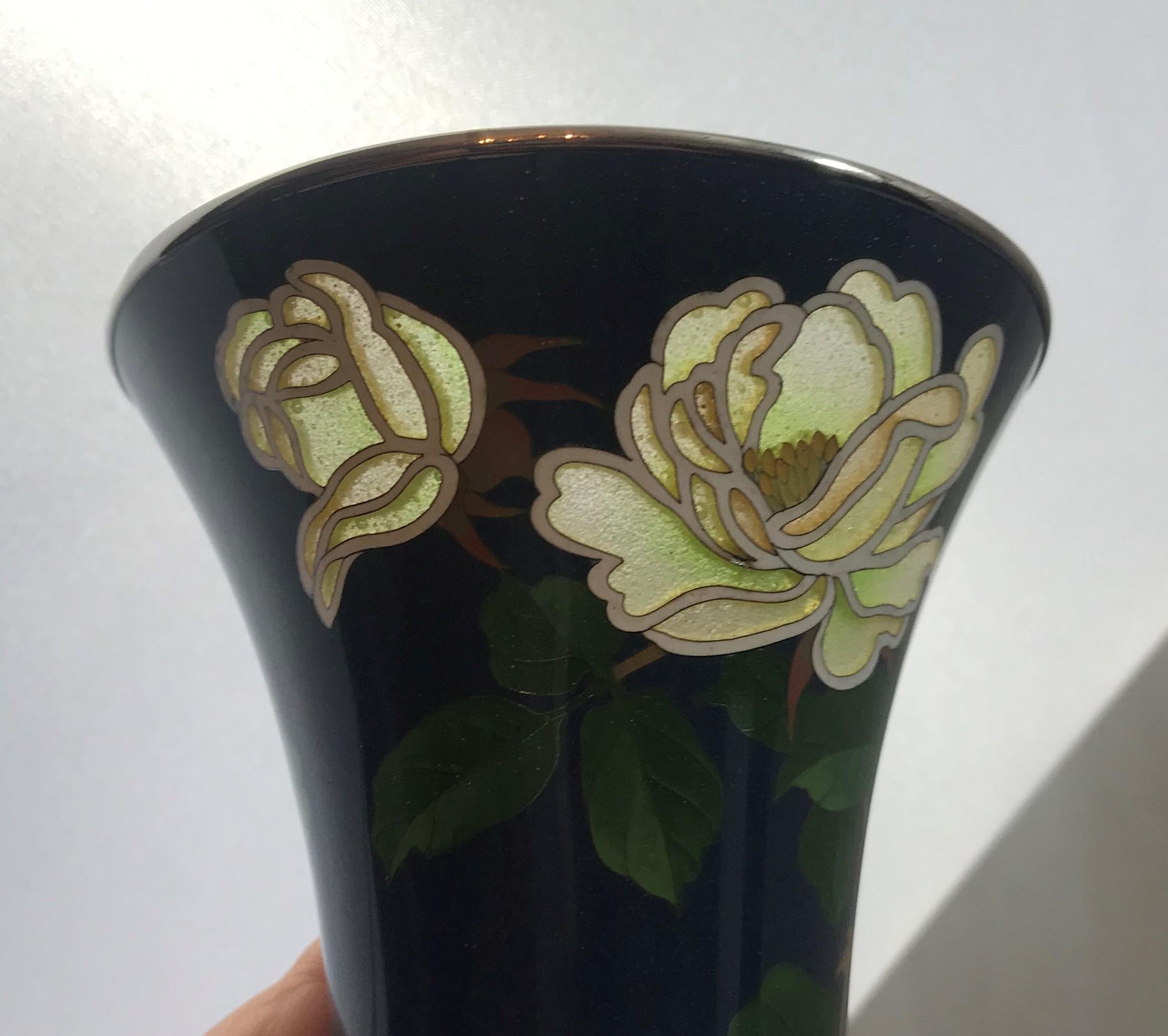 RARE Pair of Ando Jubei Vases, Cloisonne and Plique a Jour Flowers. 5
