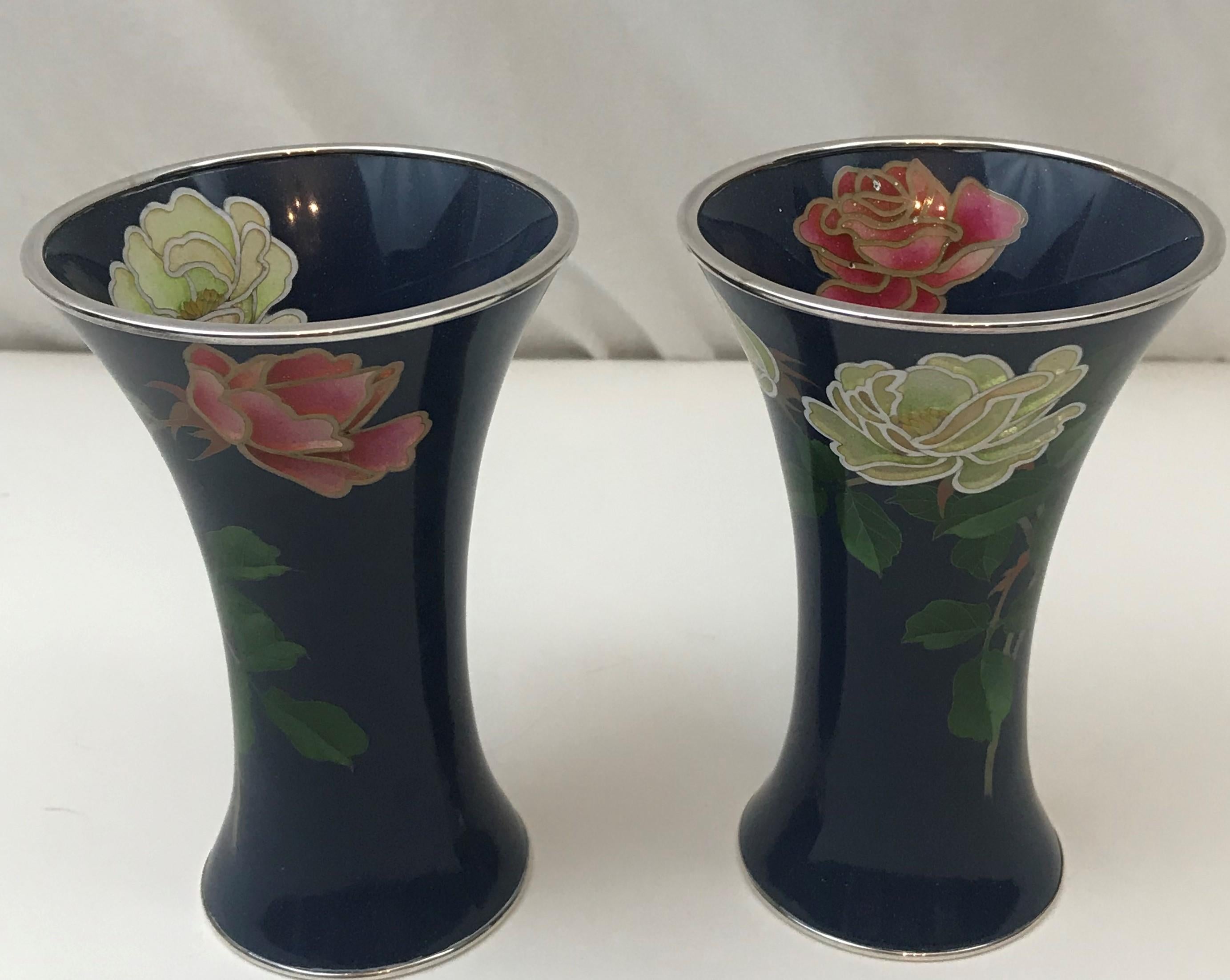RARE Pair of Ando Jubei Vases, Cloisonne and Plique a Jour Flowers. 5