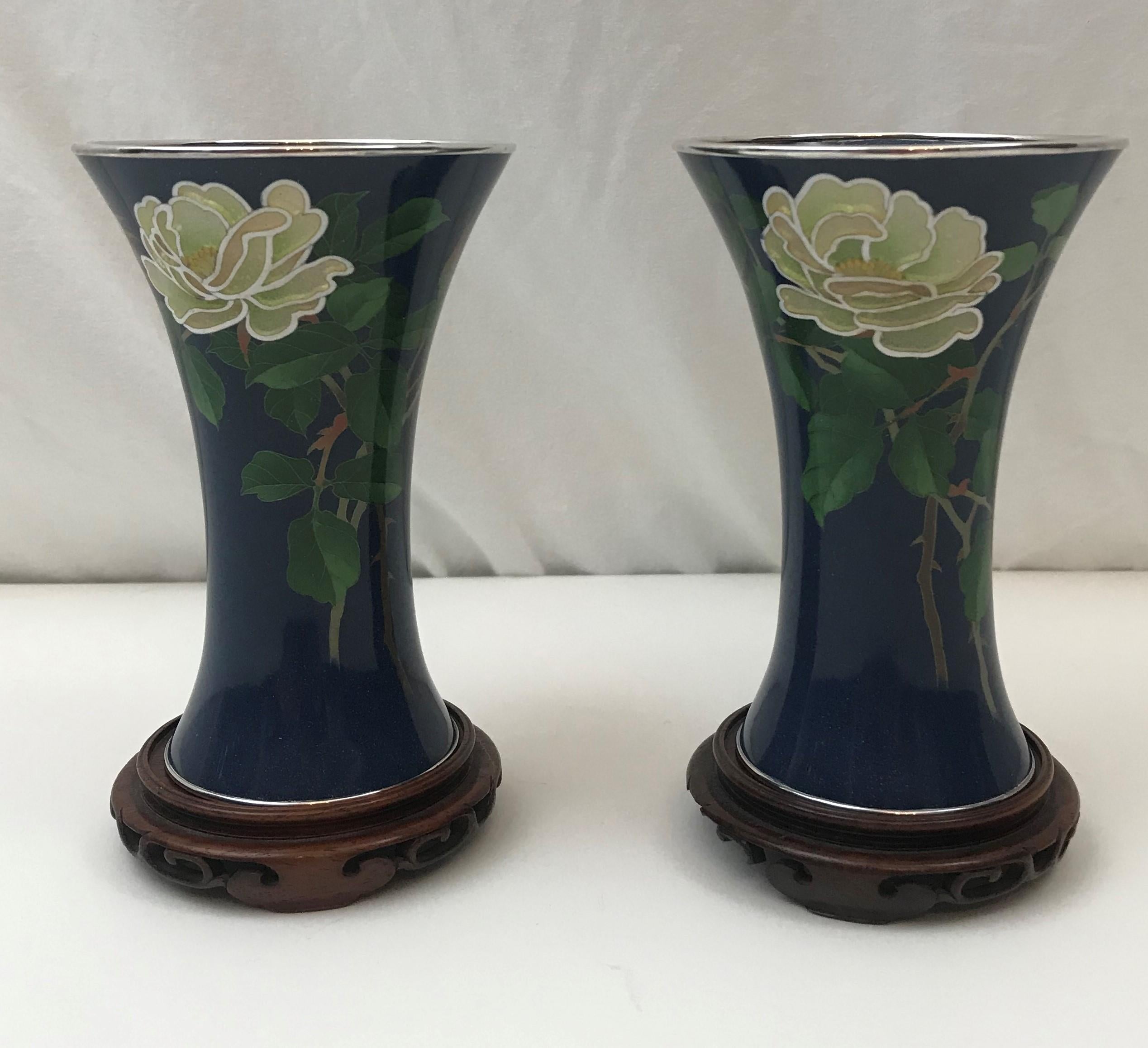RARE Pair of Ando Jubei Vases, Cloisonne and Plique a Jour Flowers. 5" height.