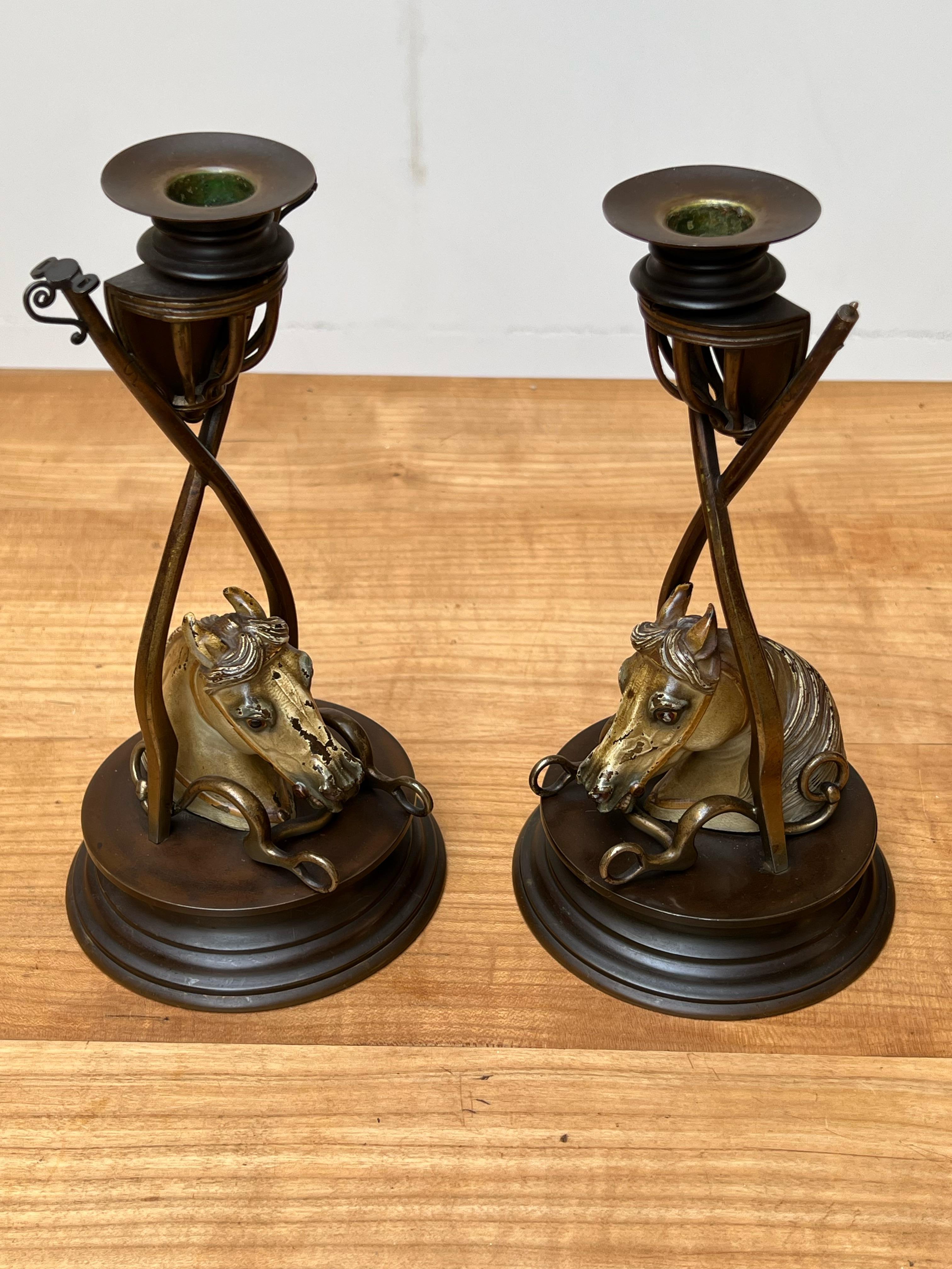 Arts and Crafts Rare Pair of Antique 19th Century Vienna Bronze Candlesticks Horses Att Bergmann For Sale