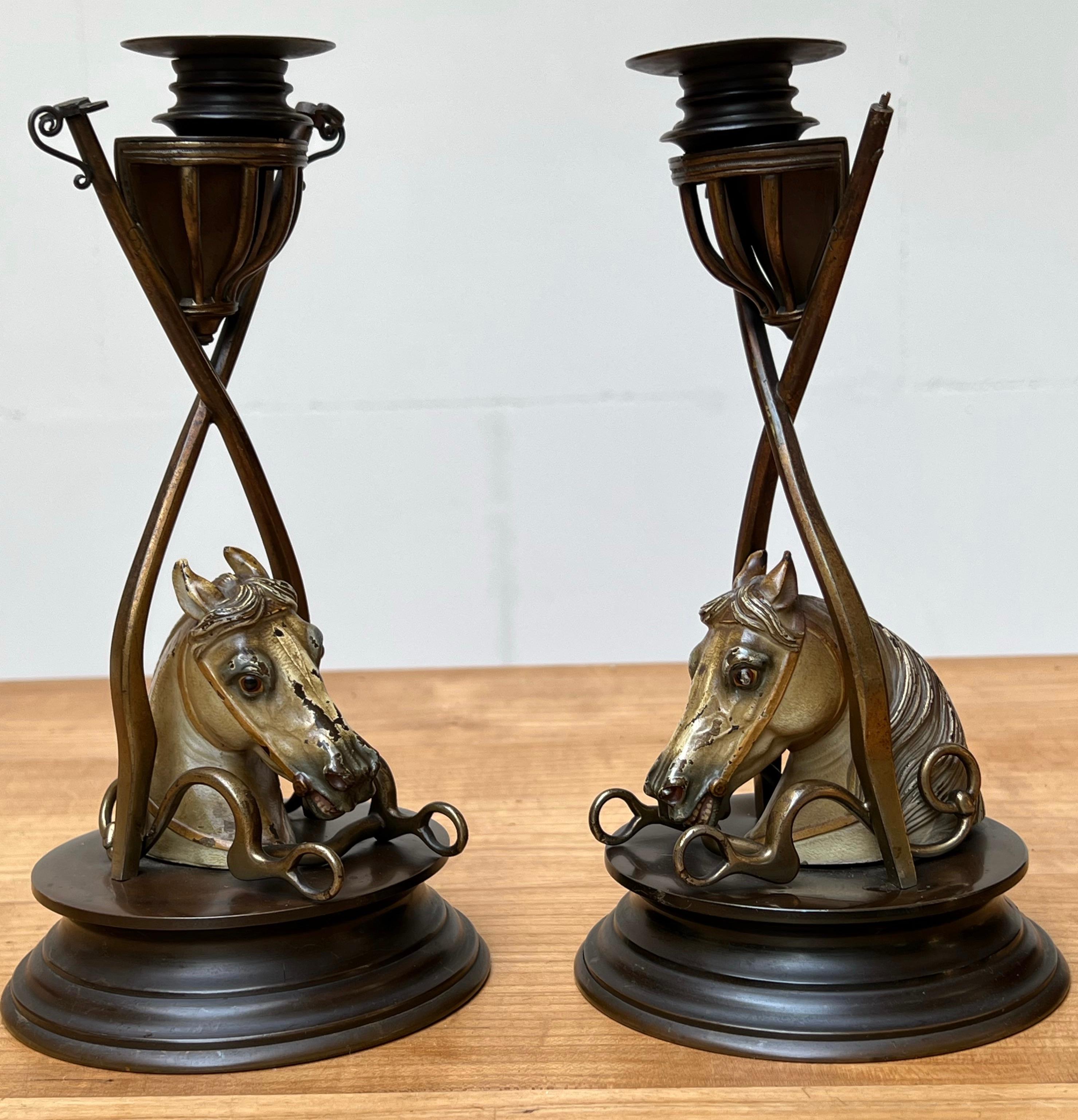 Austrian Rare Pair of Antique 19th Century Vienna Bronze Candlesticks Horses Att Bergmann For Sale