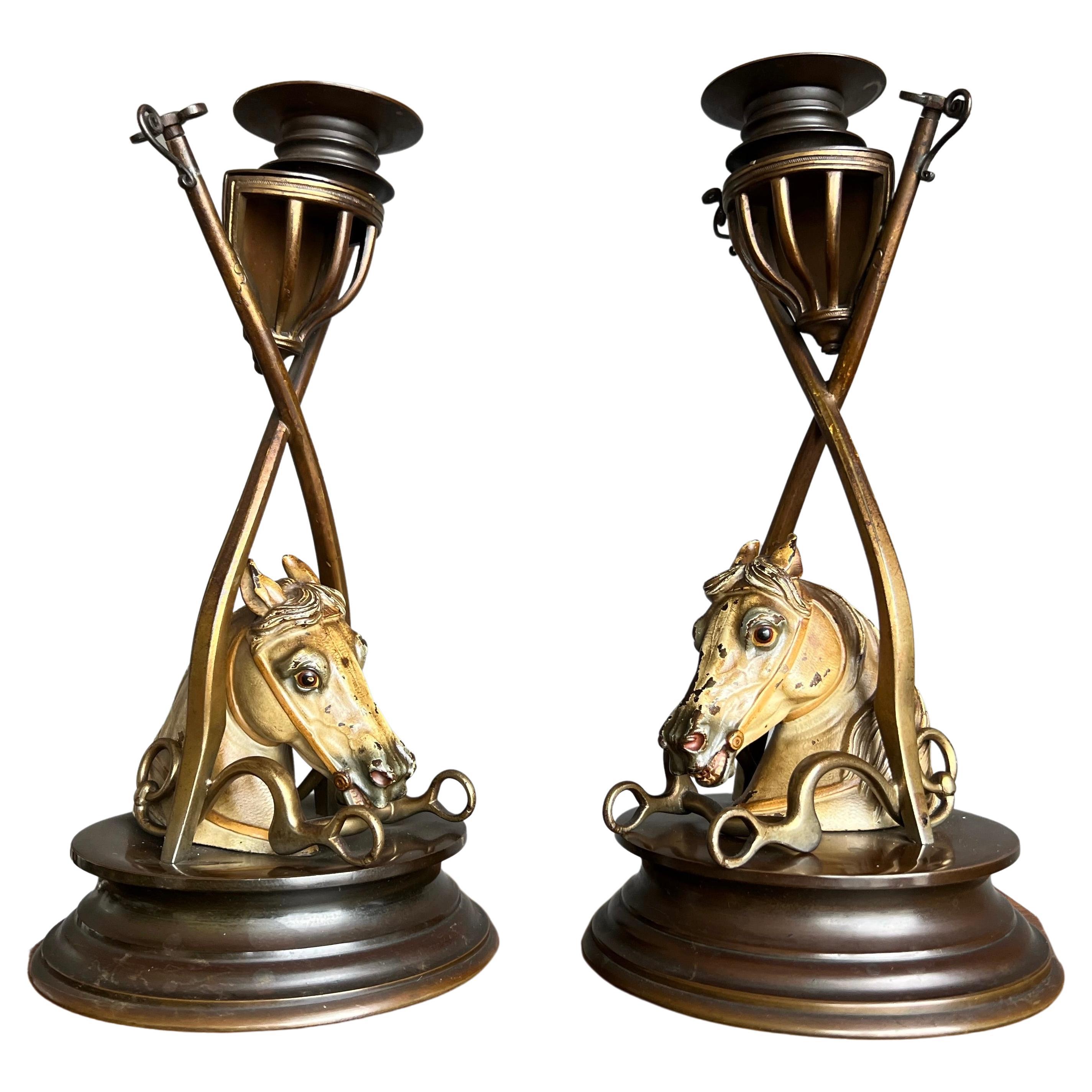 Rare paire de chandeliers anciens en bronze de Vienne du 19ème siècle Chevaux Att Bergmann