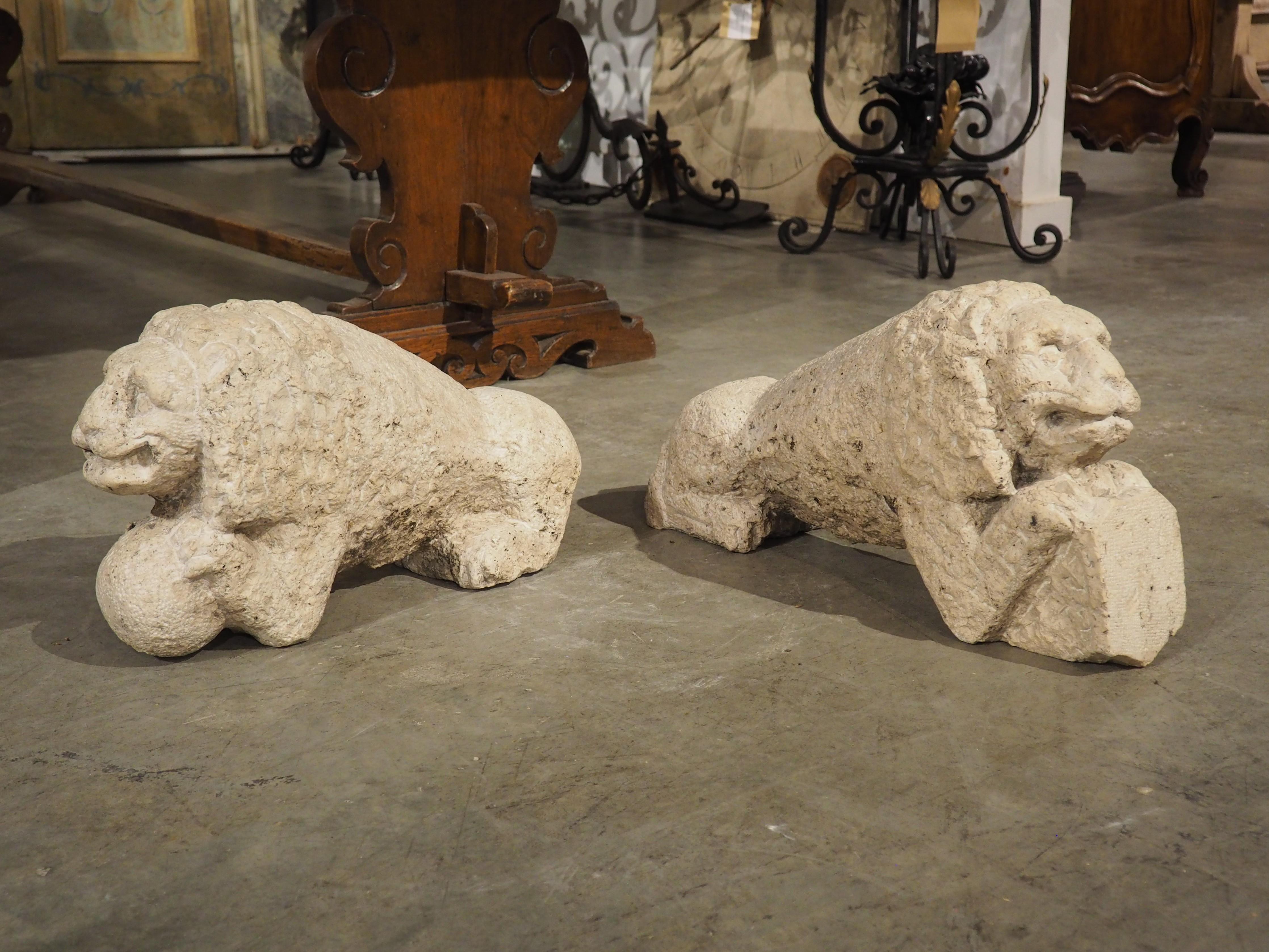 Rare Pair of Antique Carved Stone Lions from Italy, Circa 1600 For Sale 12