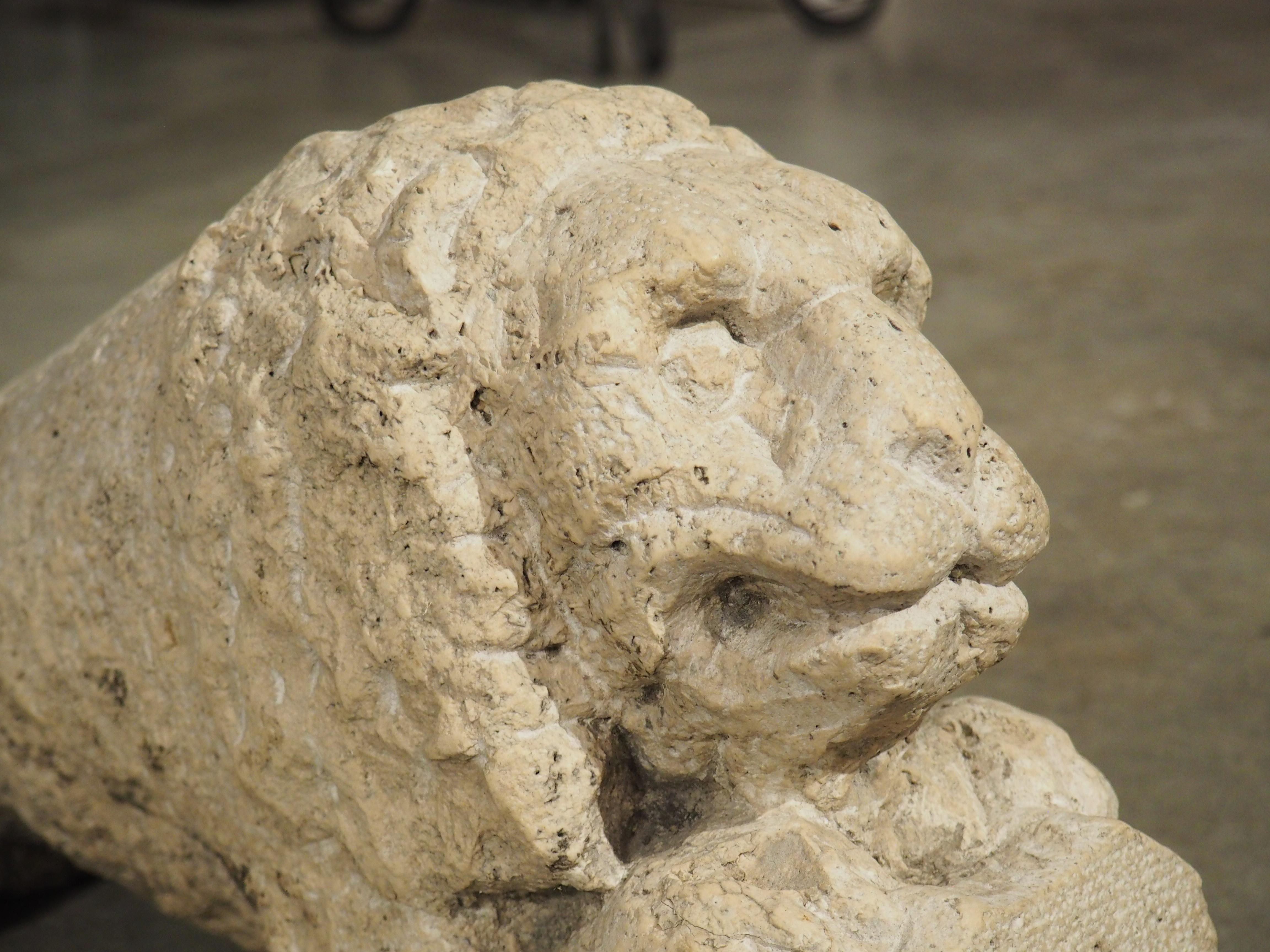 Rare Pair of Antique Carved Stone Lions from Italy, Circa 1600 In Good Condition For Sale In Dallas, TX