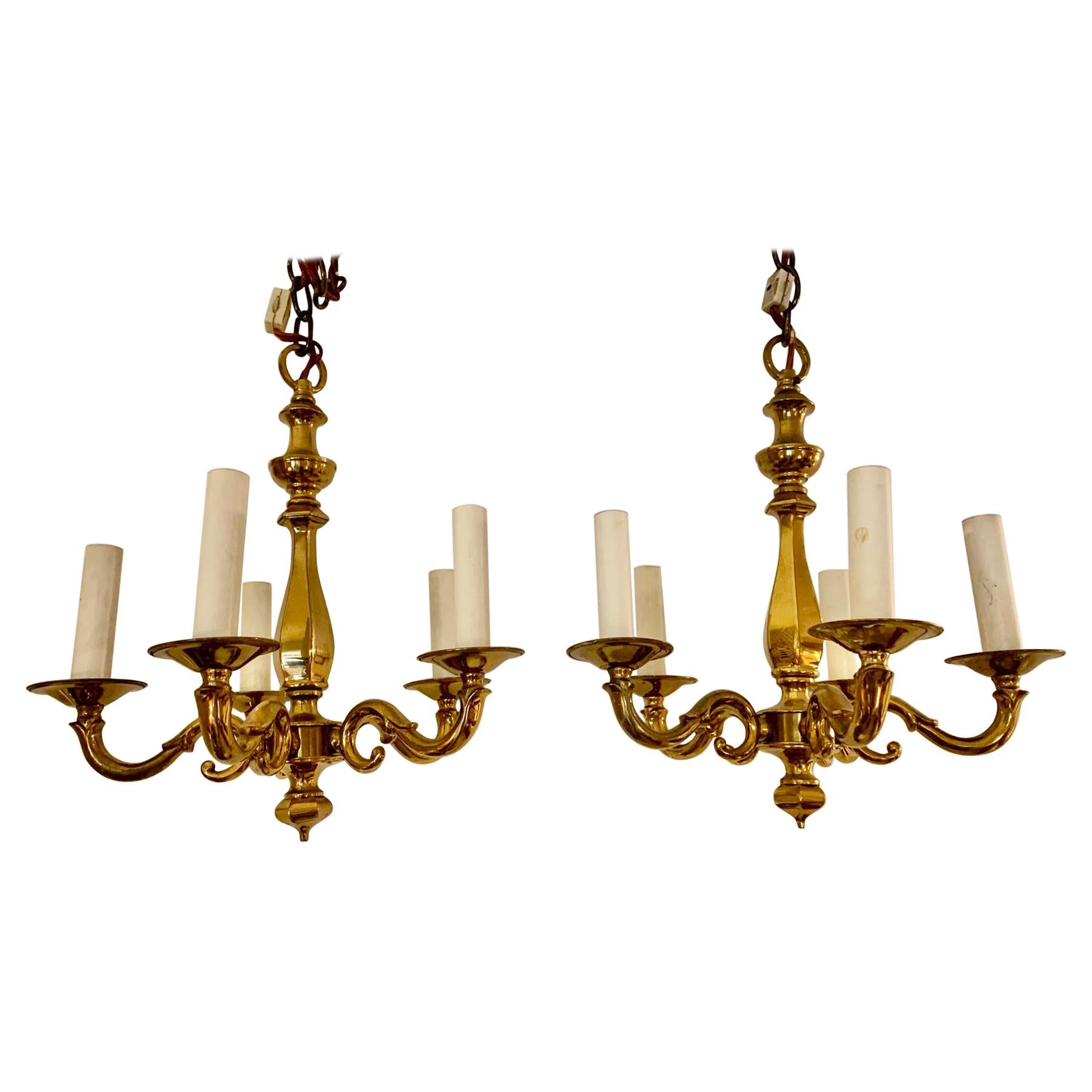 Rare Pair of Antique Classic Solid Brass Small Sized Chandeliers