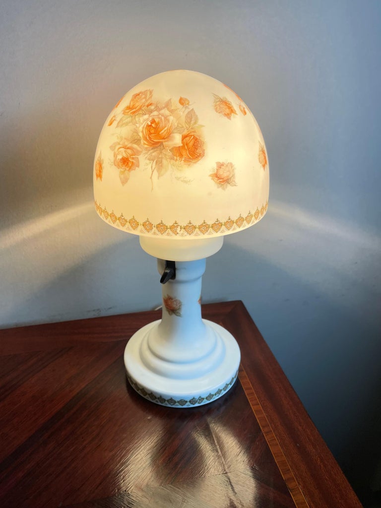Rare Pair of Antique Glass and Bisque Table Lamps Decorated with Very