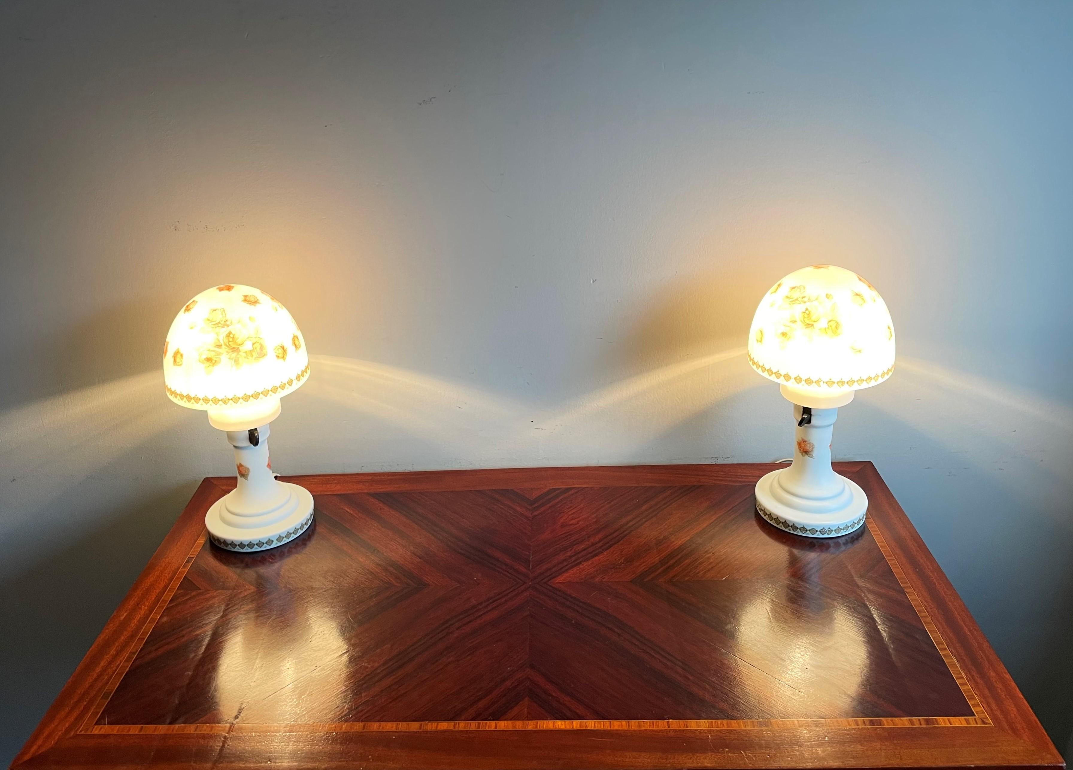 Art Deco Rare Pair of Antique Glass & Bisque Table Lamps Decorated with Very Pretty Roses For Sale