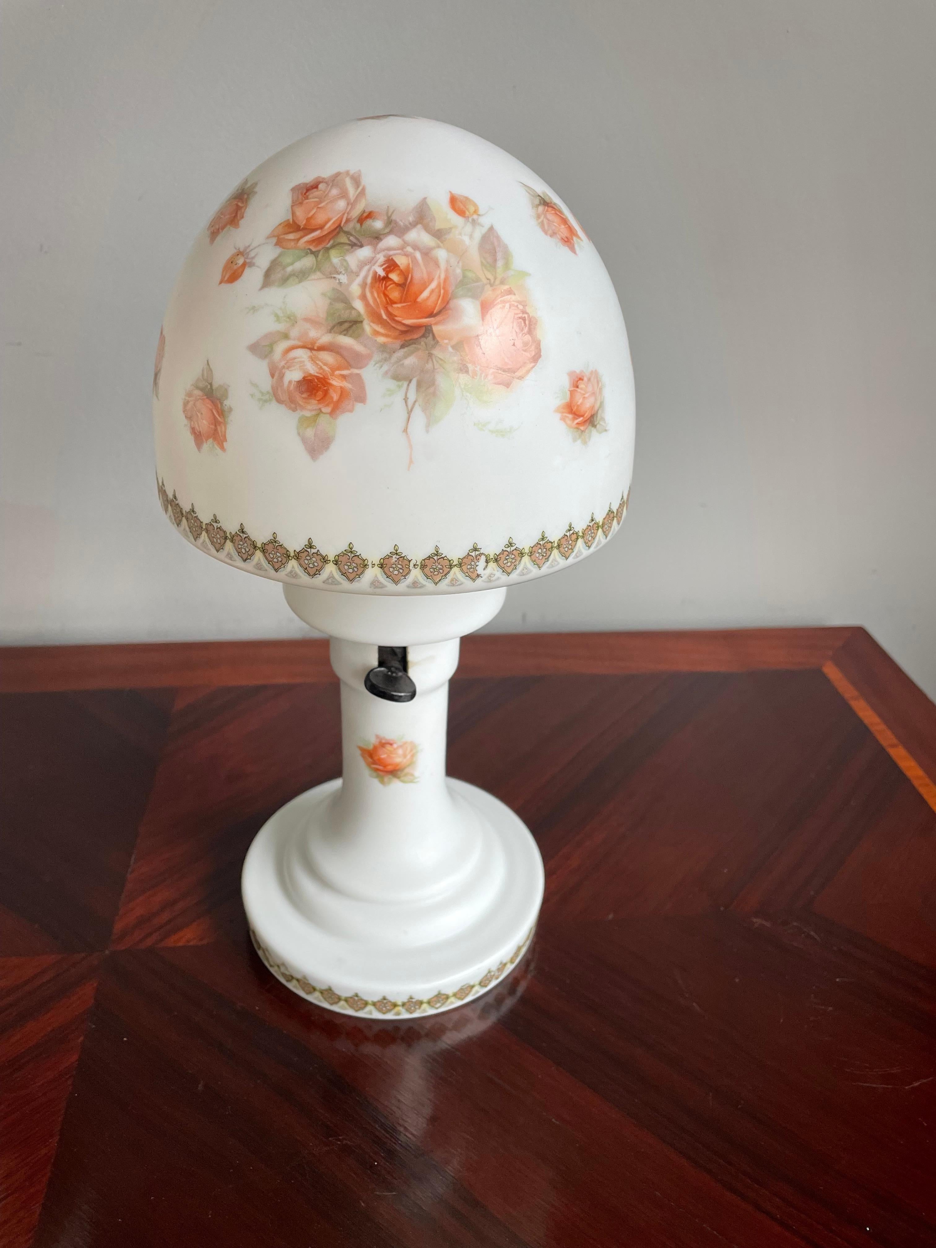 Cast Rare Pair of Antique Glass & Bisque Table Lamps Decorated with Very Pretty Roses For Sale