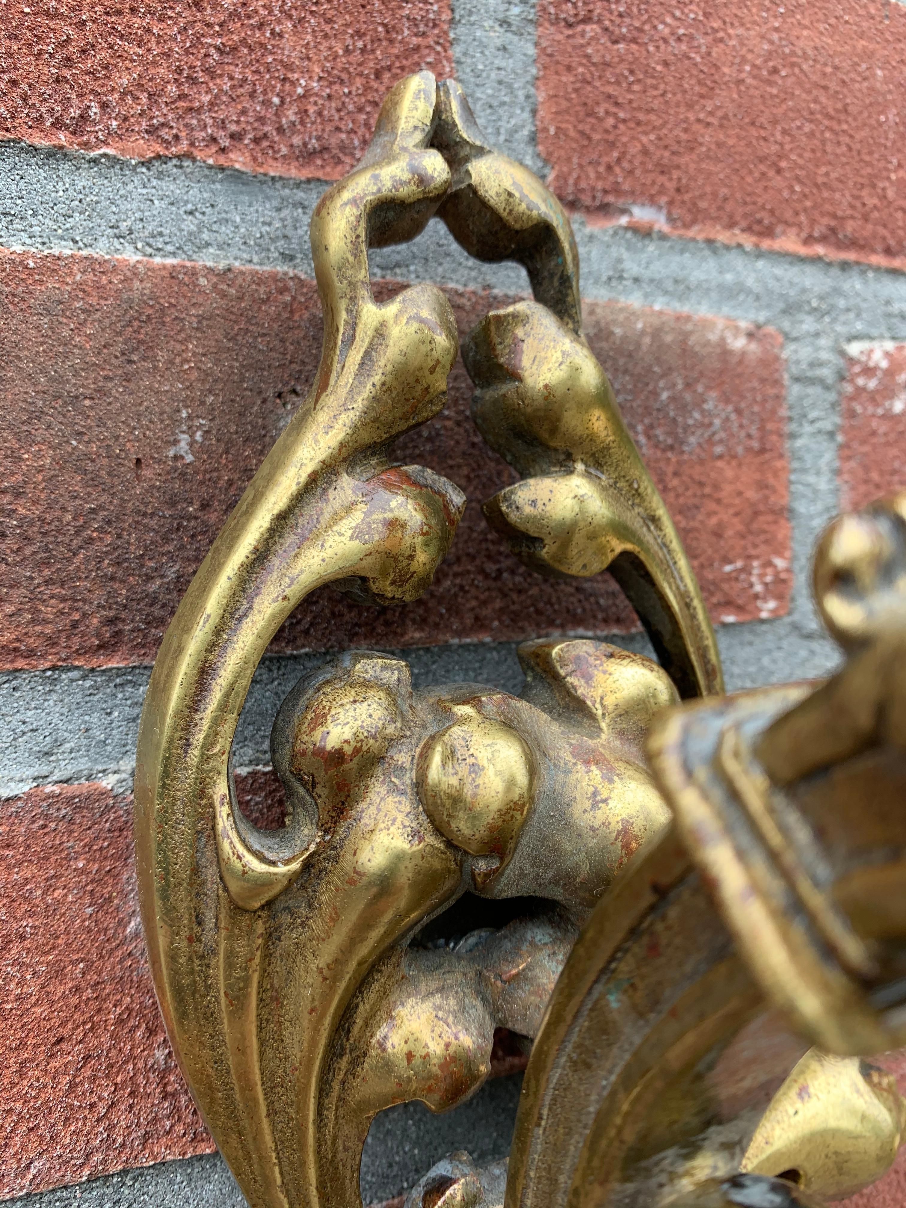 Rare Pair of Antique Gothic Revival Bronze Wall Sconces with Dragon Sculptures For Sale 4