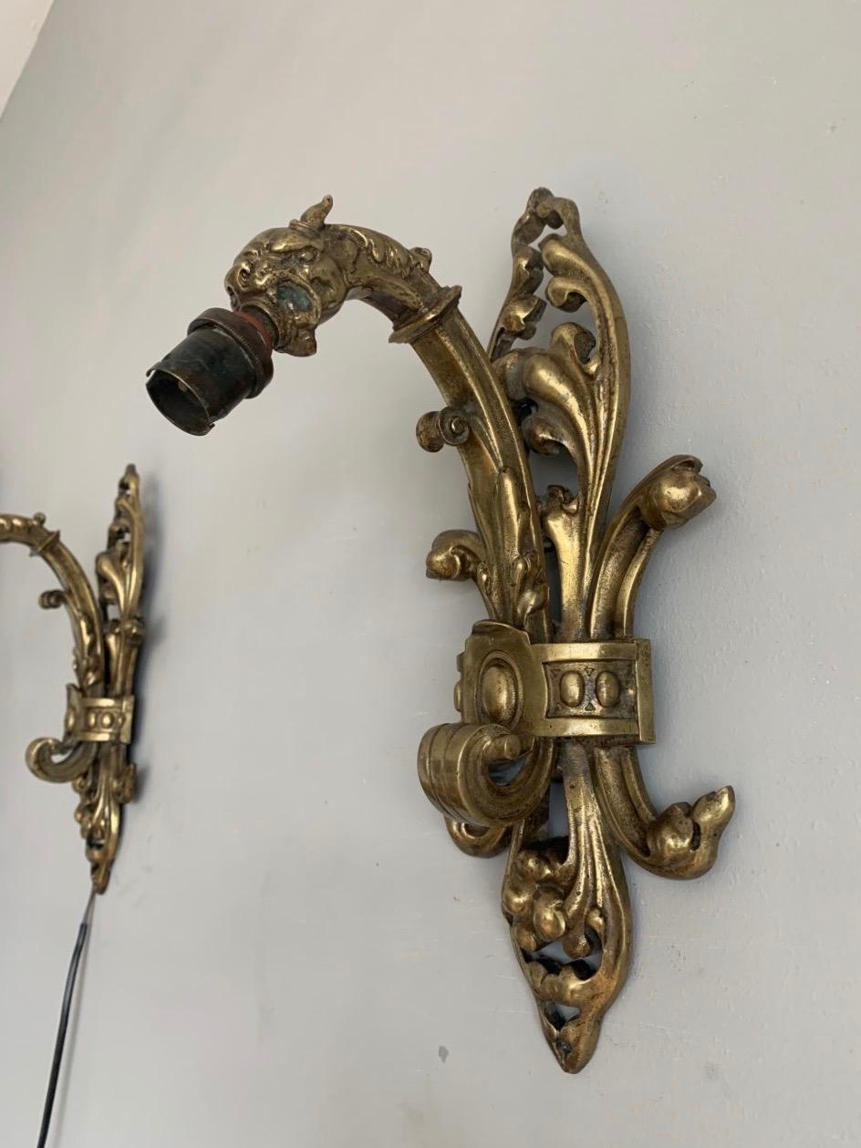 Rare Pair of Antique Gothic Revival Bronze Wall Sconces with Dragon Sculptures For Sale 7