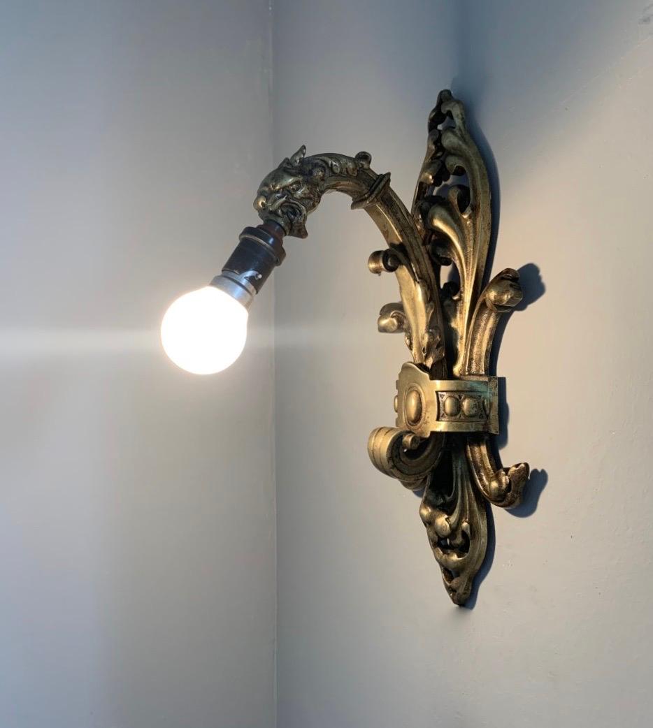 Rare Pair of Antique Gothic Revival Bronze Wall Sconces with Dragon Sculptures For Sale 8