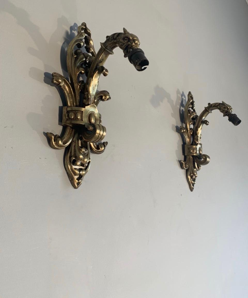 Rare Pair of Antique Gothic Revival Bronze Wall Sconces with Dragon Sculptures For Sale 9