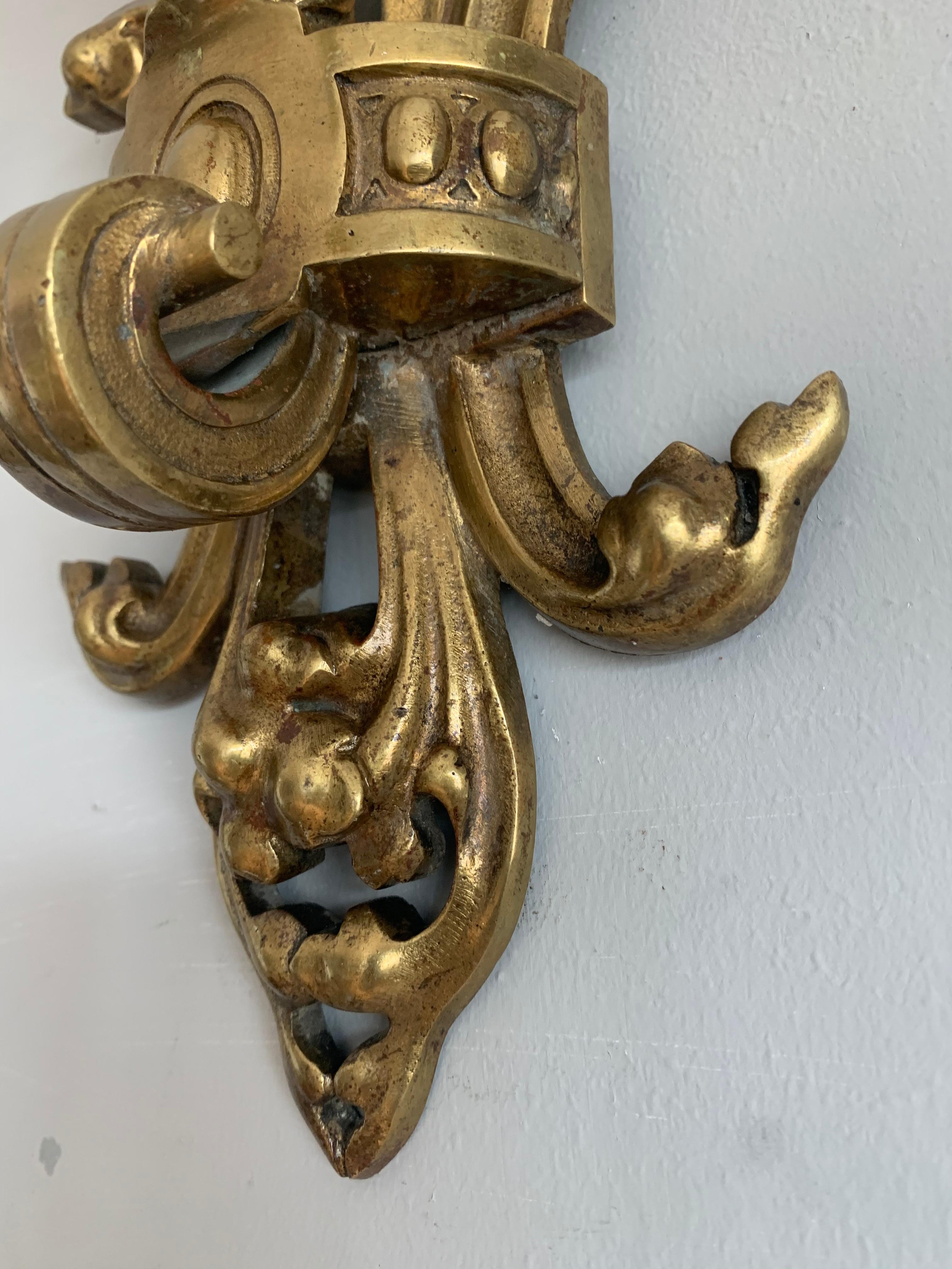 Rare Pair of Antique Gothic Revival Bronze Wall Sconces with Dragon Sculptures For Sale 12