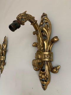 Rare Pair of Antique Gothic Revival Bronze Wall Sconces with Dragon Sculptures