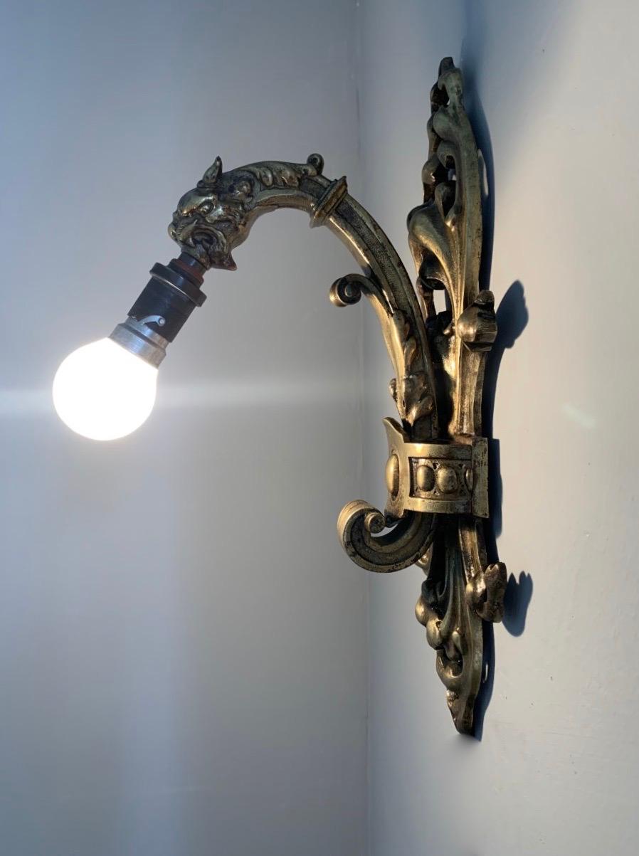 French Rare Pair of Antique Gothic Revival Bronze Wall Sconces with Dragon Sculptures For Sale