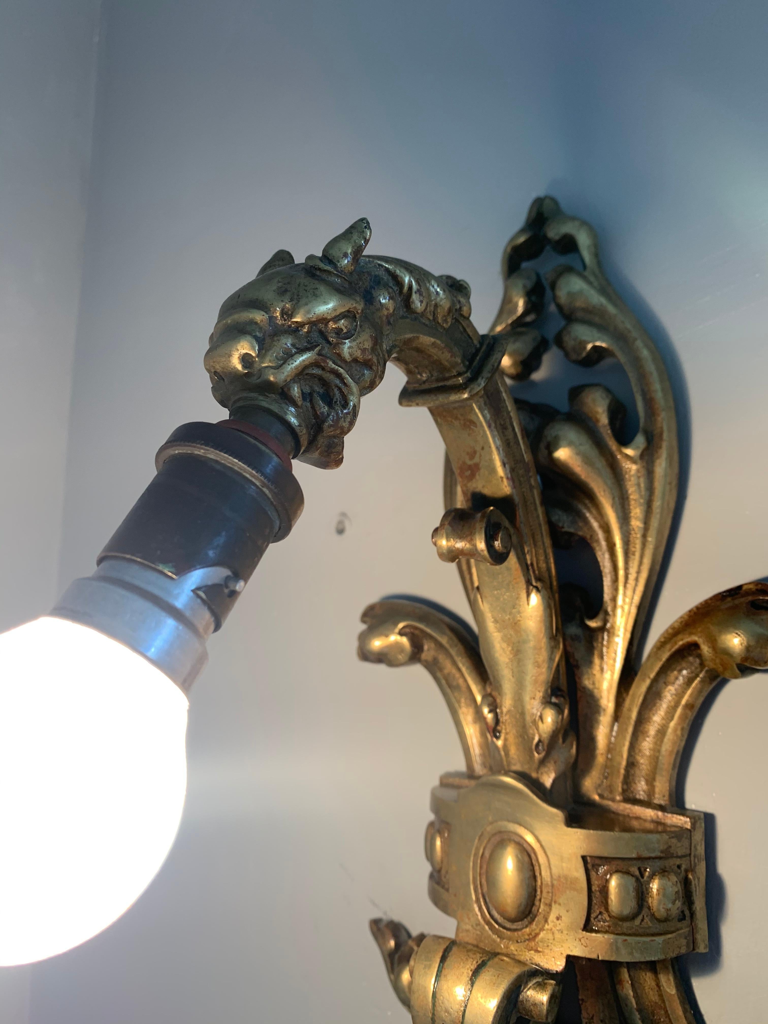 Gilt Rare Pair of Antique Gothic Revival Bronze Wall Sconces with Dragon Sculptures For Sale