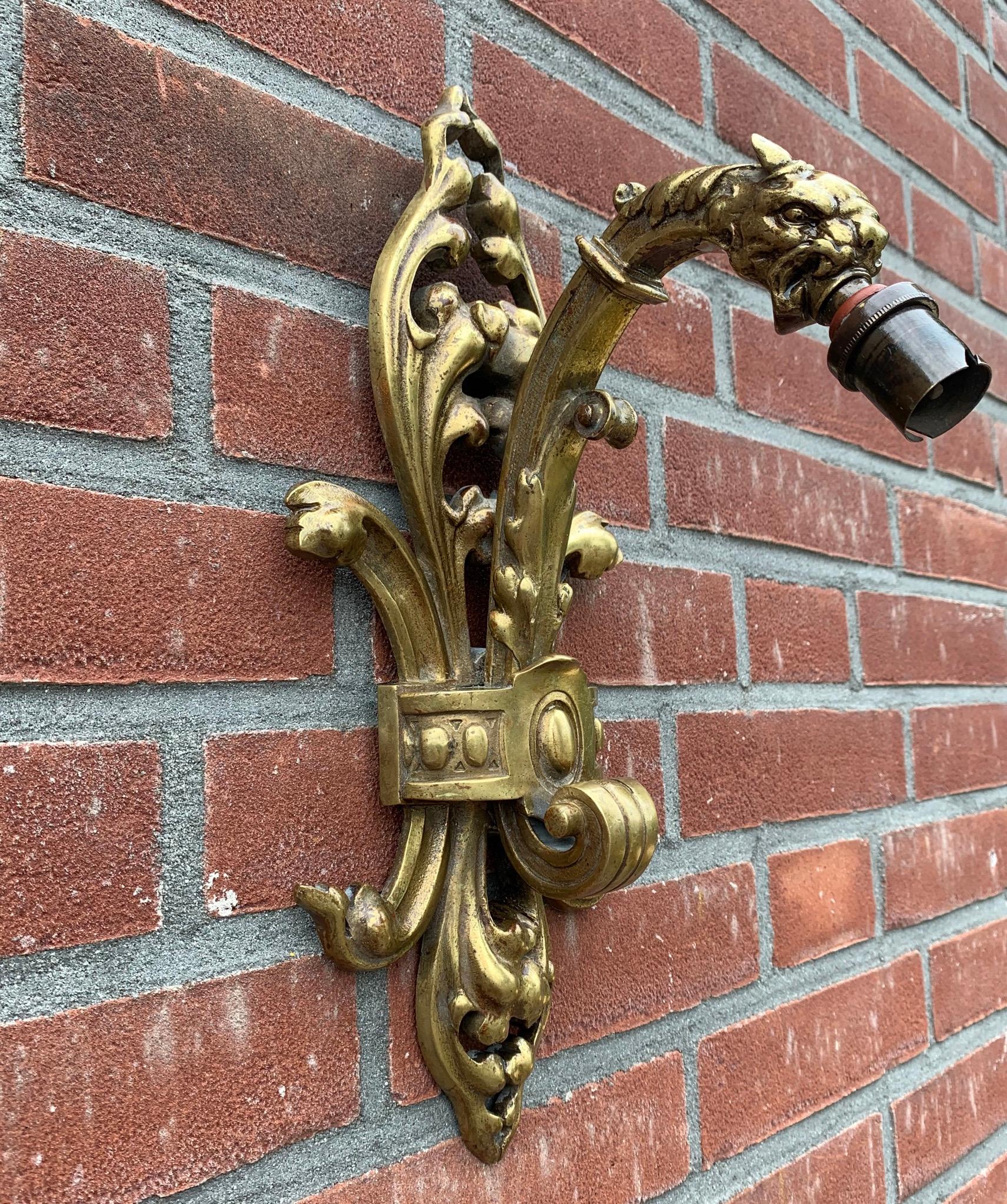 20th Century Rare Pair of Antique Gothic Revival Bronze Wall Sconces with Dragon Sculptures For Sale