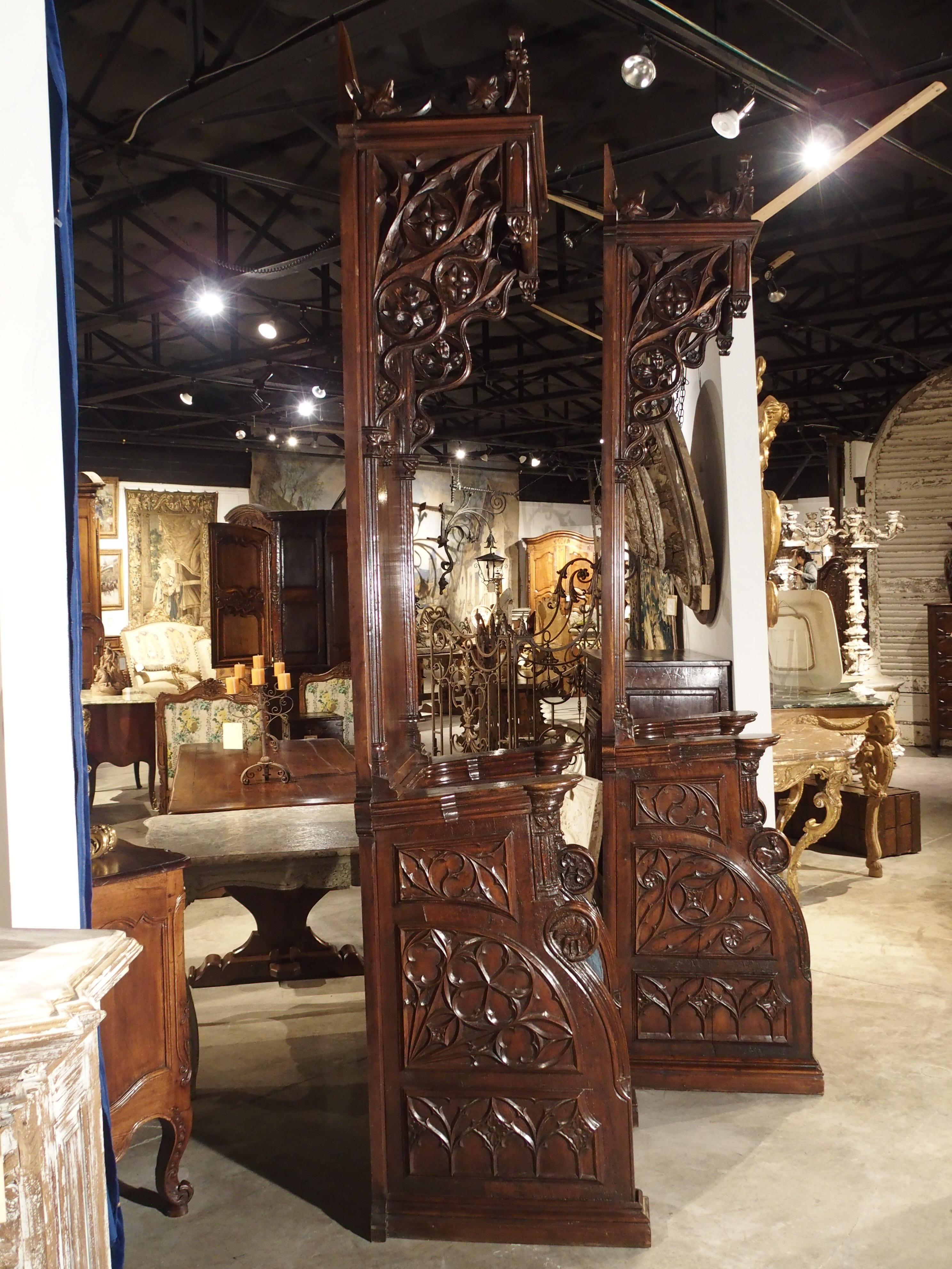 Rare Pair of Antique Gothic Walnut Wood Cathedral Chairs from France 1