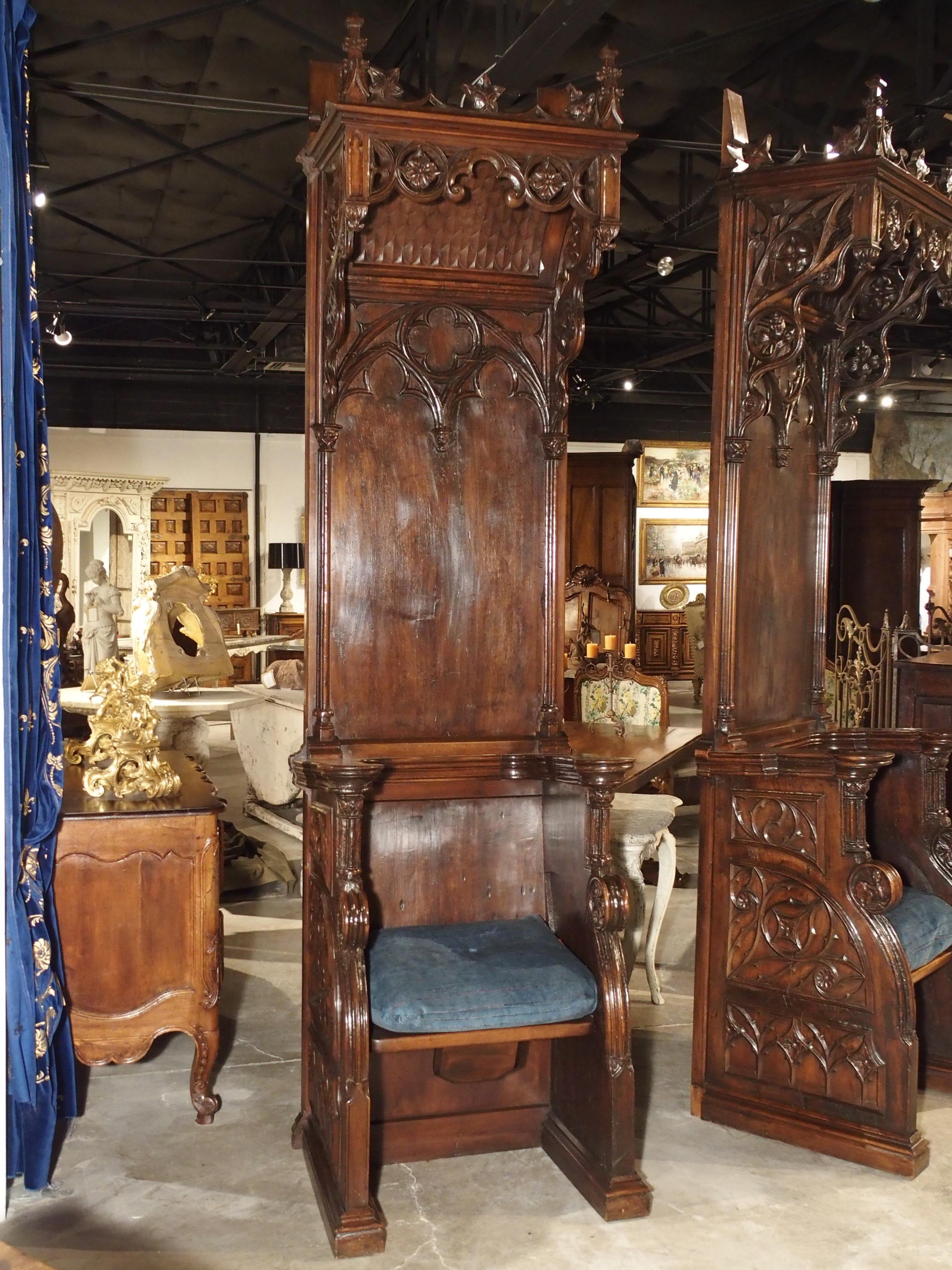 Rare Pair of Antique Gothic Walnut Wood Cathedral Chairs from France 4