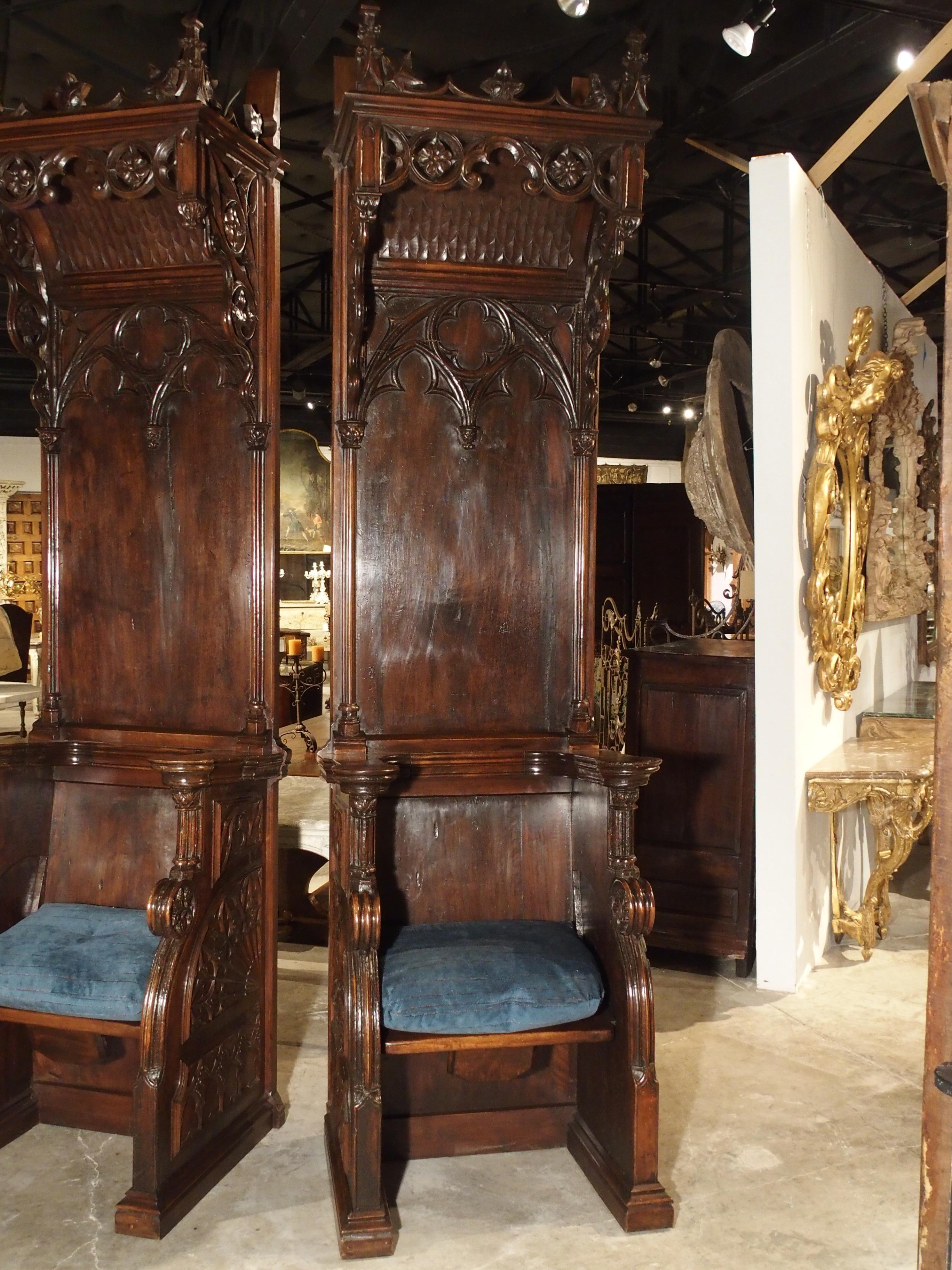 Rare Pair of Antique Gothic Walnut Wood Cathedral Chairs from France 9