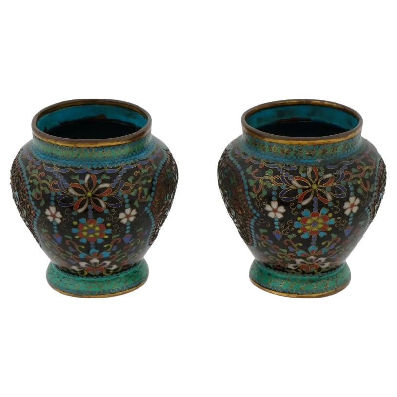 Rare Pair of Antique Japanese Cloisonne Enamel Meiji Vases