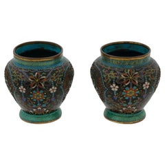 Rare Pair of Used Japanese Cloisonne Enamel Meiji Vases