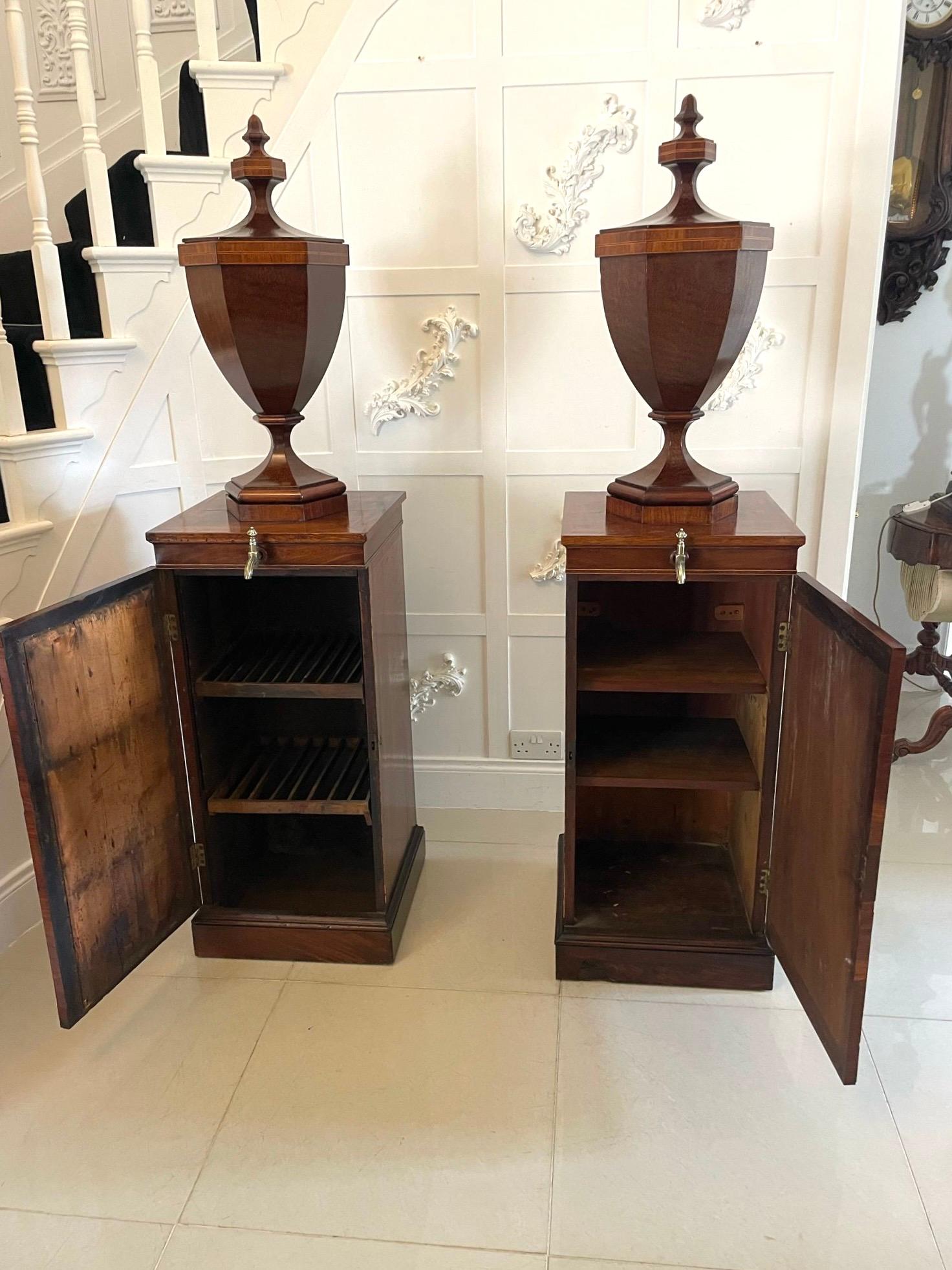 George III Rare Pair of Antique Mahogany Inlaid Wine Urns on Original Pedestal Cupboards For Sale