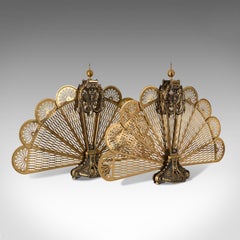 Rare, Pair of Antique Peacock Fire Screens, English, Brass, Fireside, Victorian