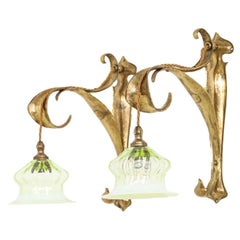 Seltenes Paar antiker Messing-Wandlampen aus Kunsthandwerk und Glas, ca. 1910