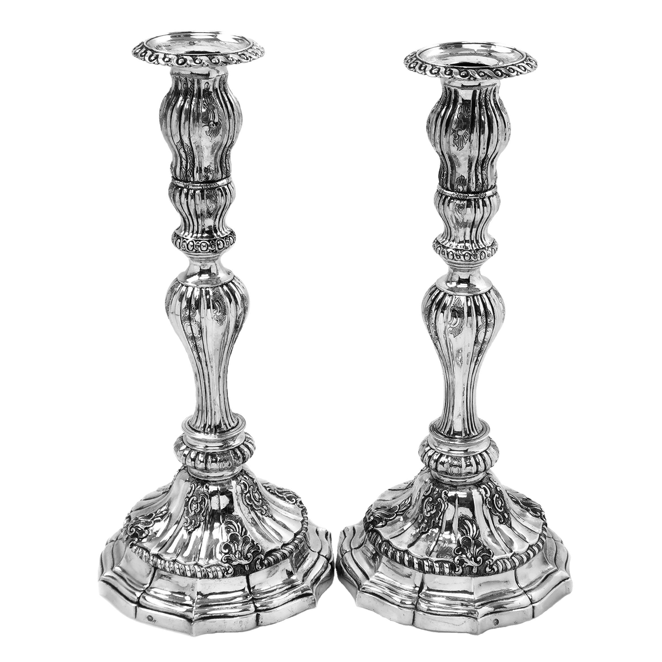 Rare Pair of Antique Portuguese Silver Candelabra c. 1800 19th Candle Holders In Good Condition For Sale In London, GB